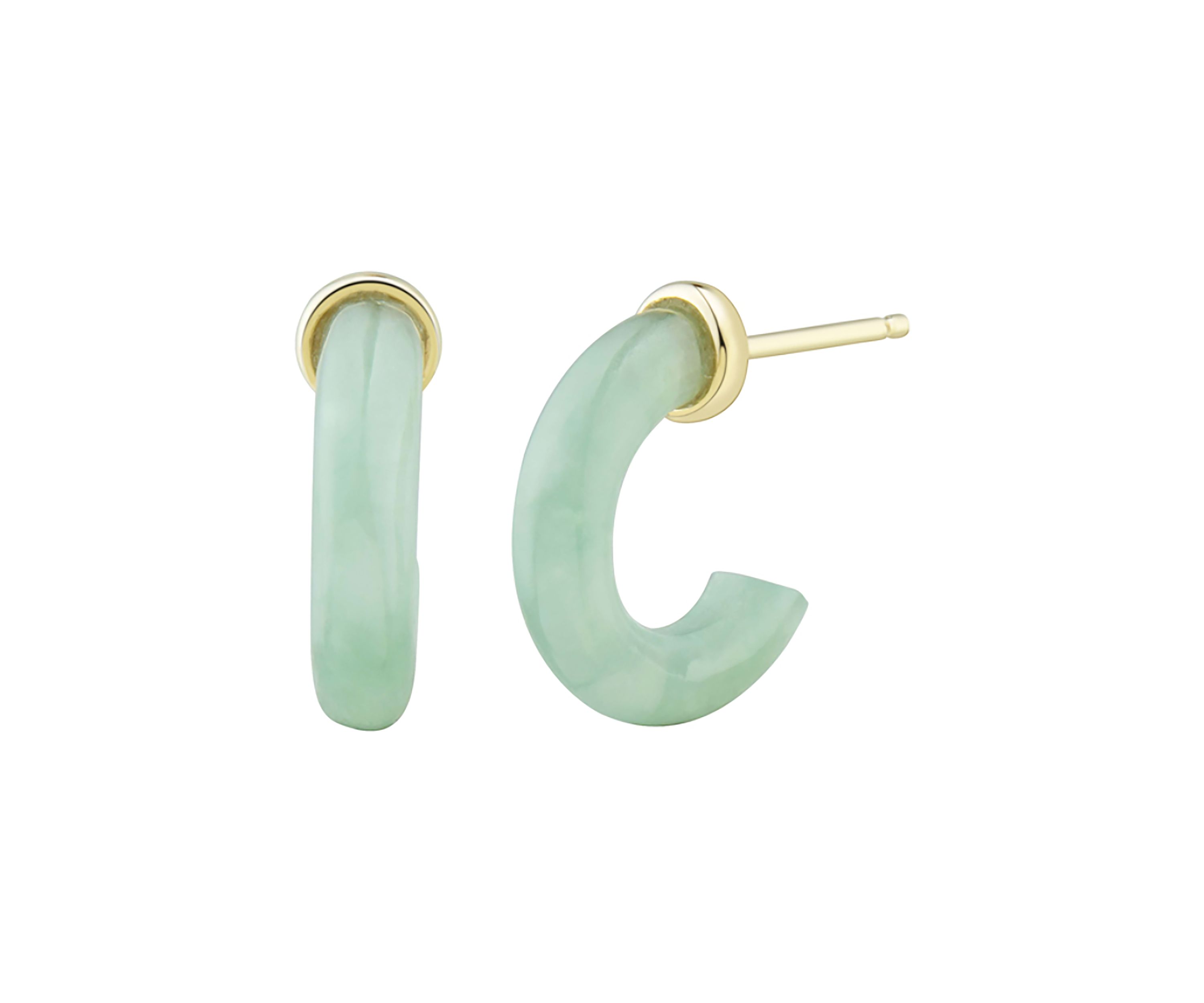 Natural Jade Hoop Earrings in 10K Yellow Gold