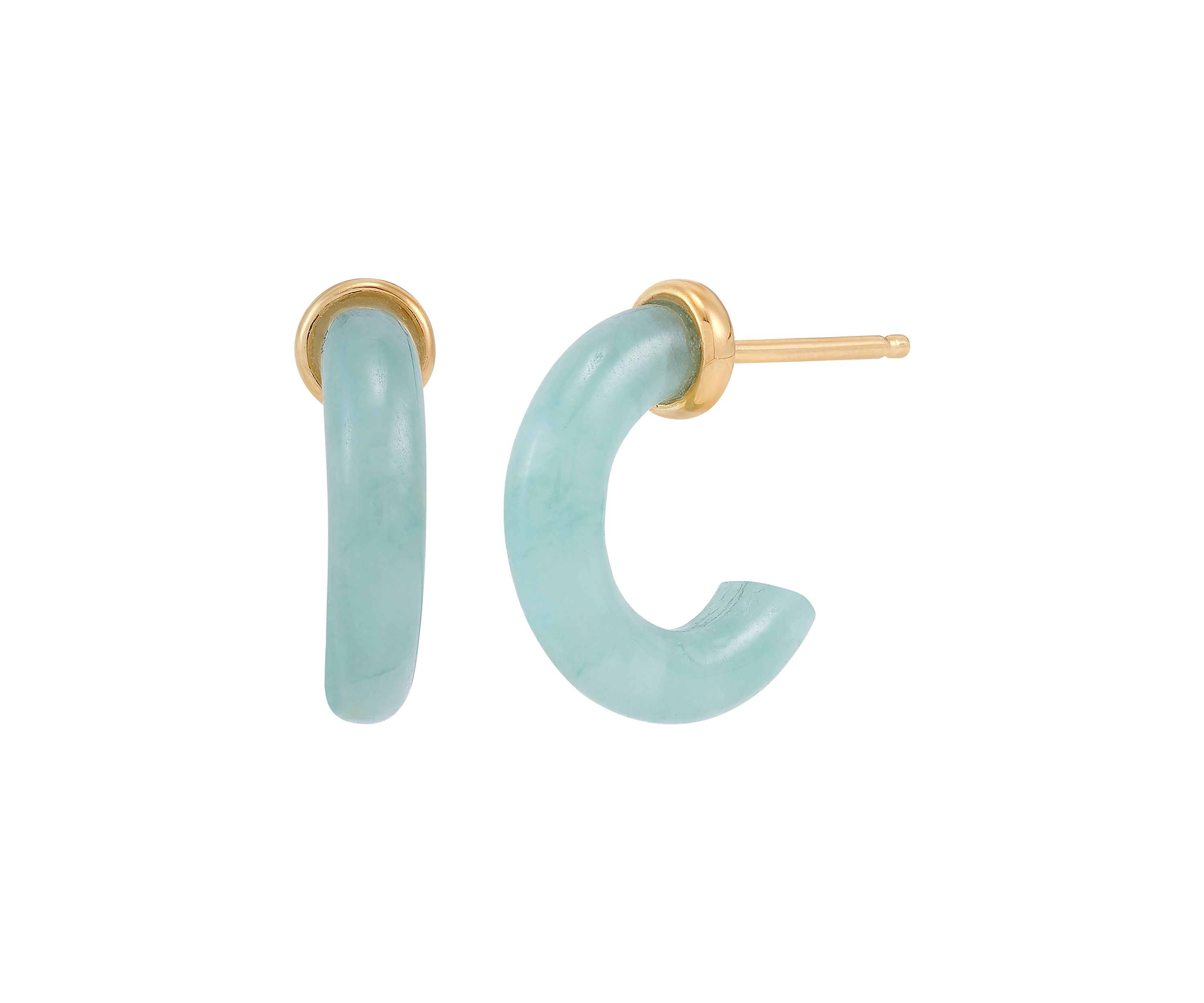 Natural Jade Hoop Earrings in 10K Yellow Gold