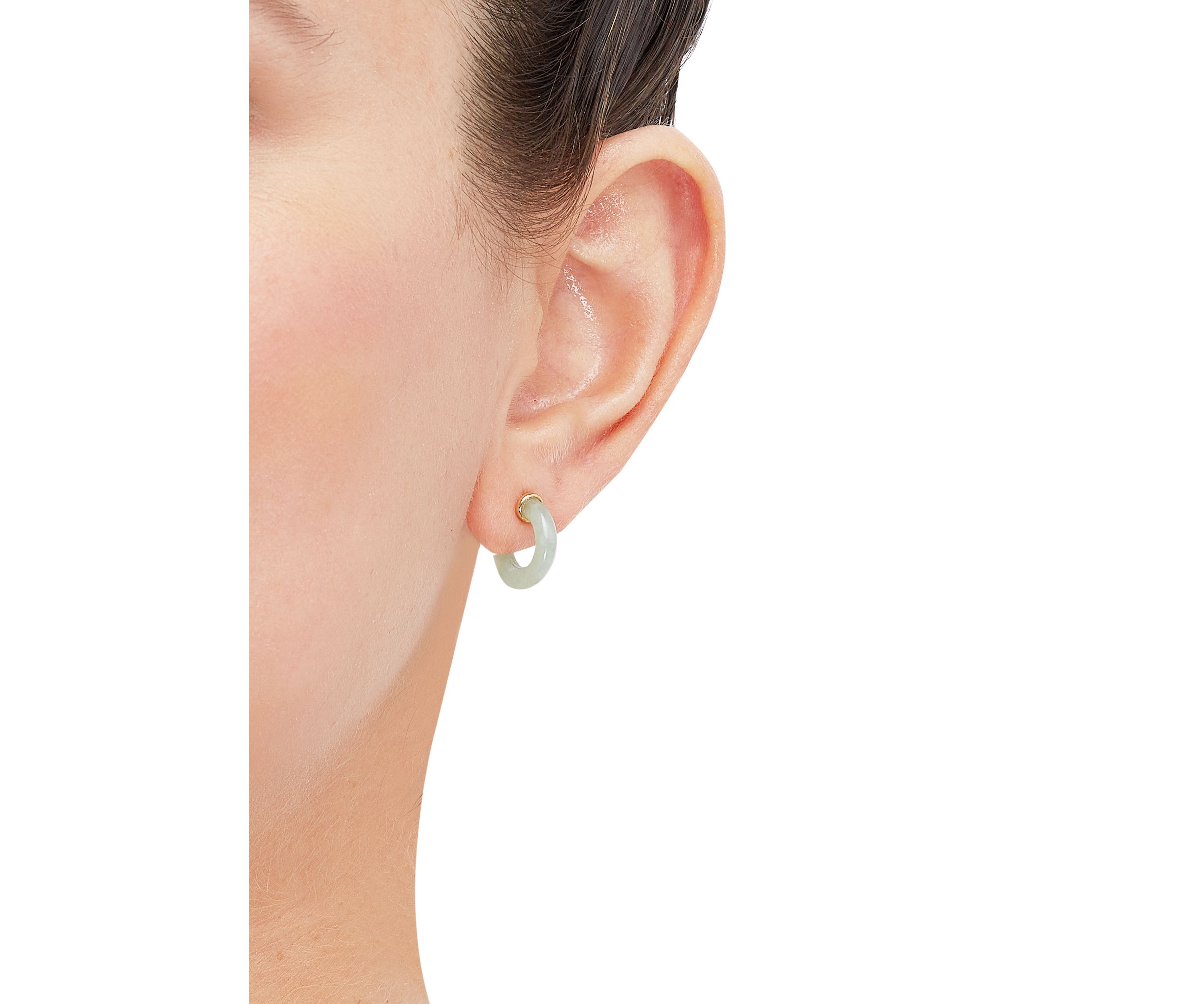 Natural Jade Hoop Earrings in 10K Yellow Gold