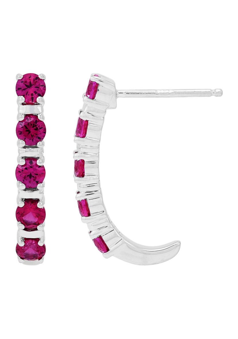 Lab Created  Ruby Hoop Earrings in Sterling SIiver