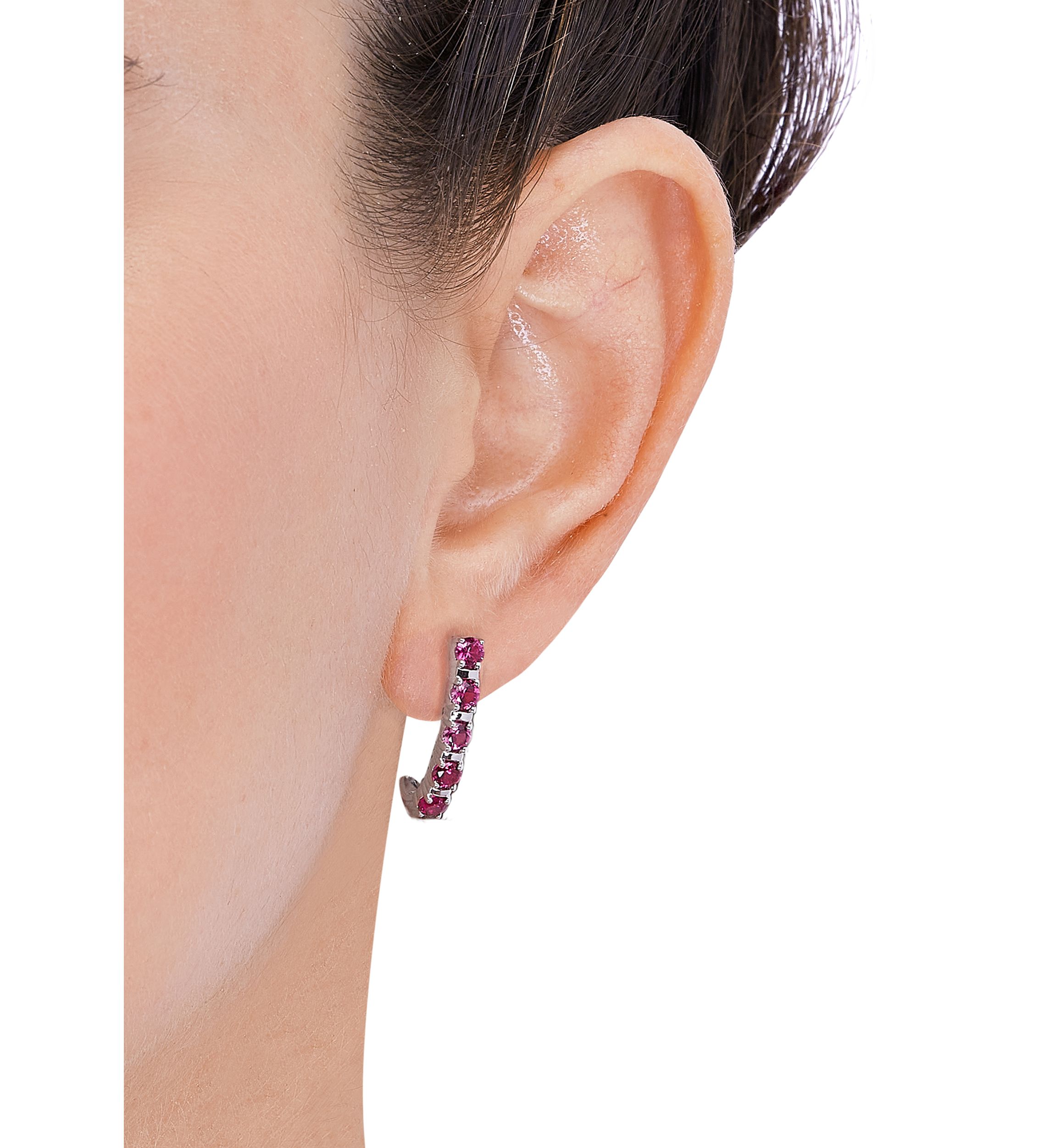 Lab Created  Ruby Hoop Earrings in Sterling SIiver