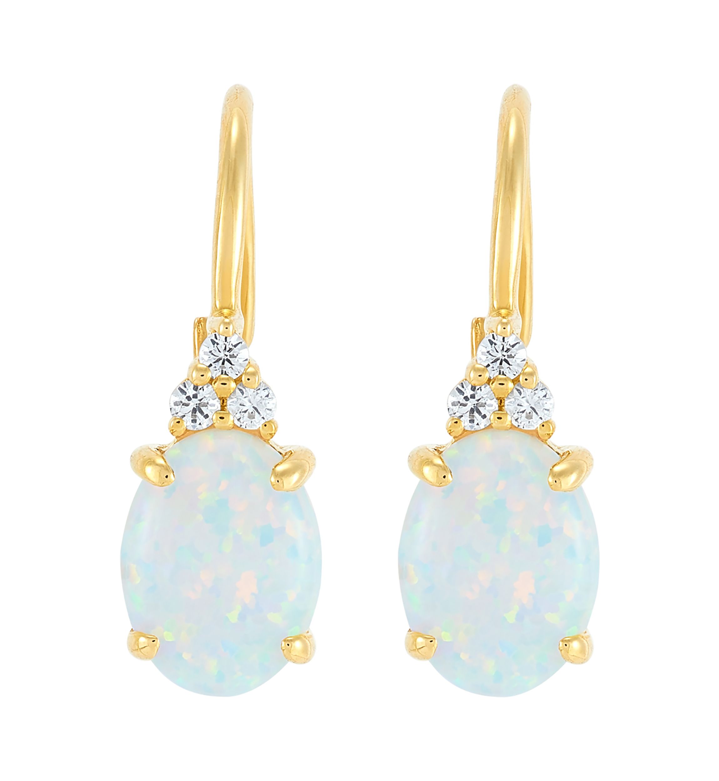 Lab Grown Opal and Lab Grown White Sapphire Earrings in 10K Yellow Gold