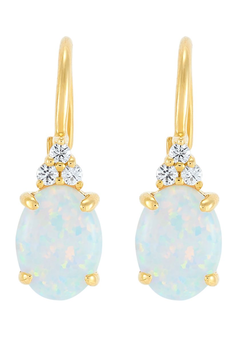 Lab Grown Opal and Lab Grown White Sapphire Earrings in 10K Yellow Gold