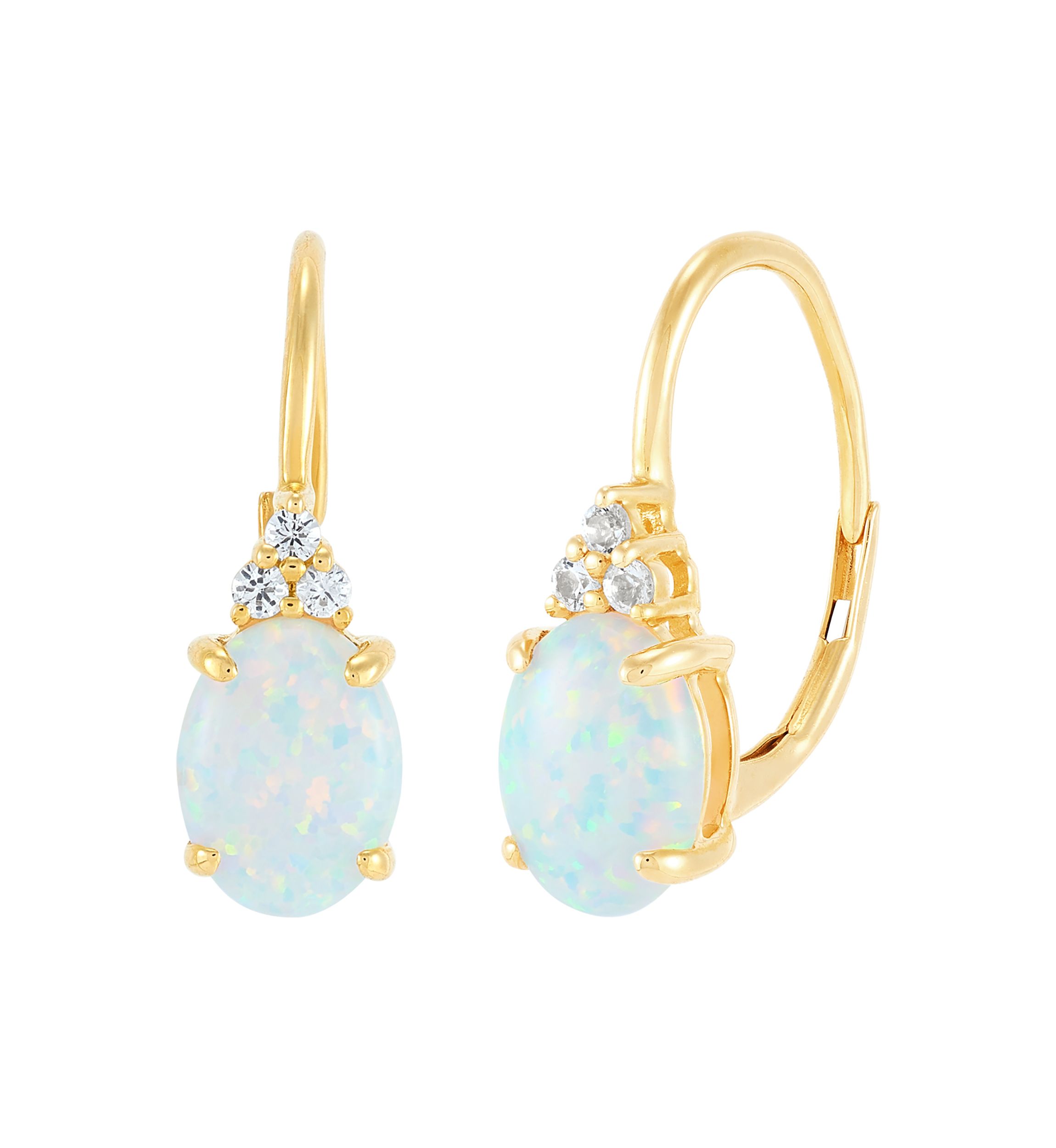Lab Grown Opal and Lab Grown White Sapphire Earrings in 10K Yellow Gold