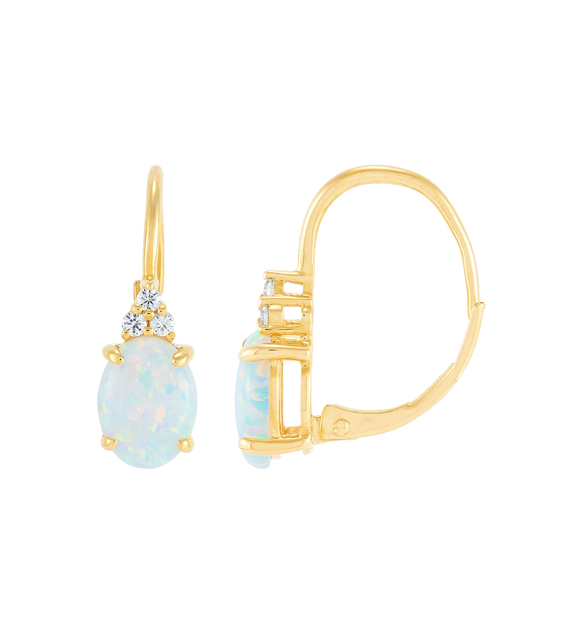 Lab Grown Opal and Lab Grown White Sapphire Earrings in 10K Yellow Gold