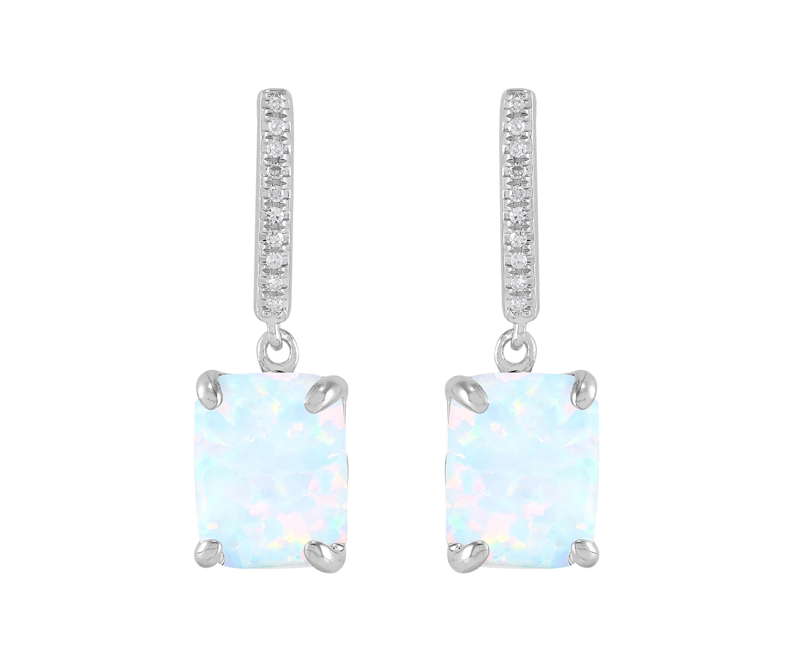 Lab Grown Emerald Cut Opal and 1/20 ct. t.w. Diamond Earrings in Sterling Silver