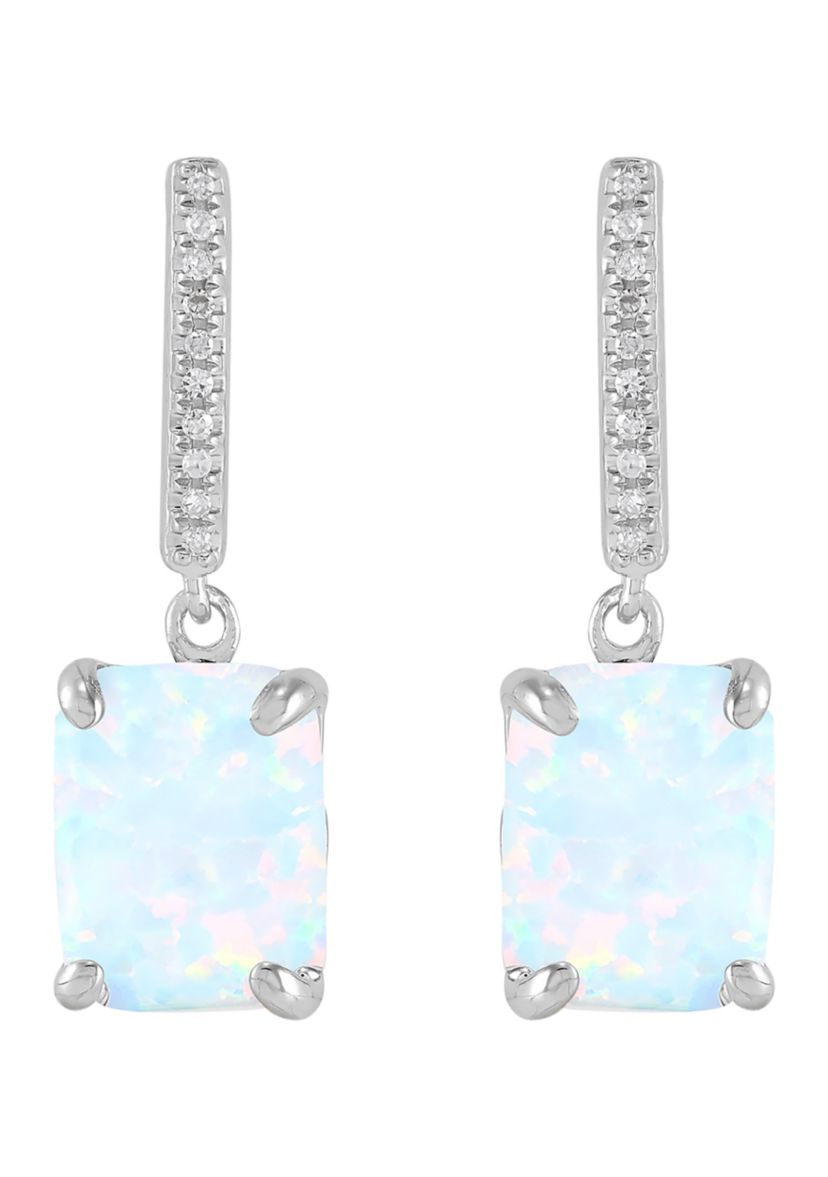 Lab Grown Emerald Cut Opal and 1/20 ct. t.w. Diamond Earrings in Sterling Silver
