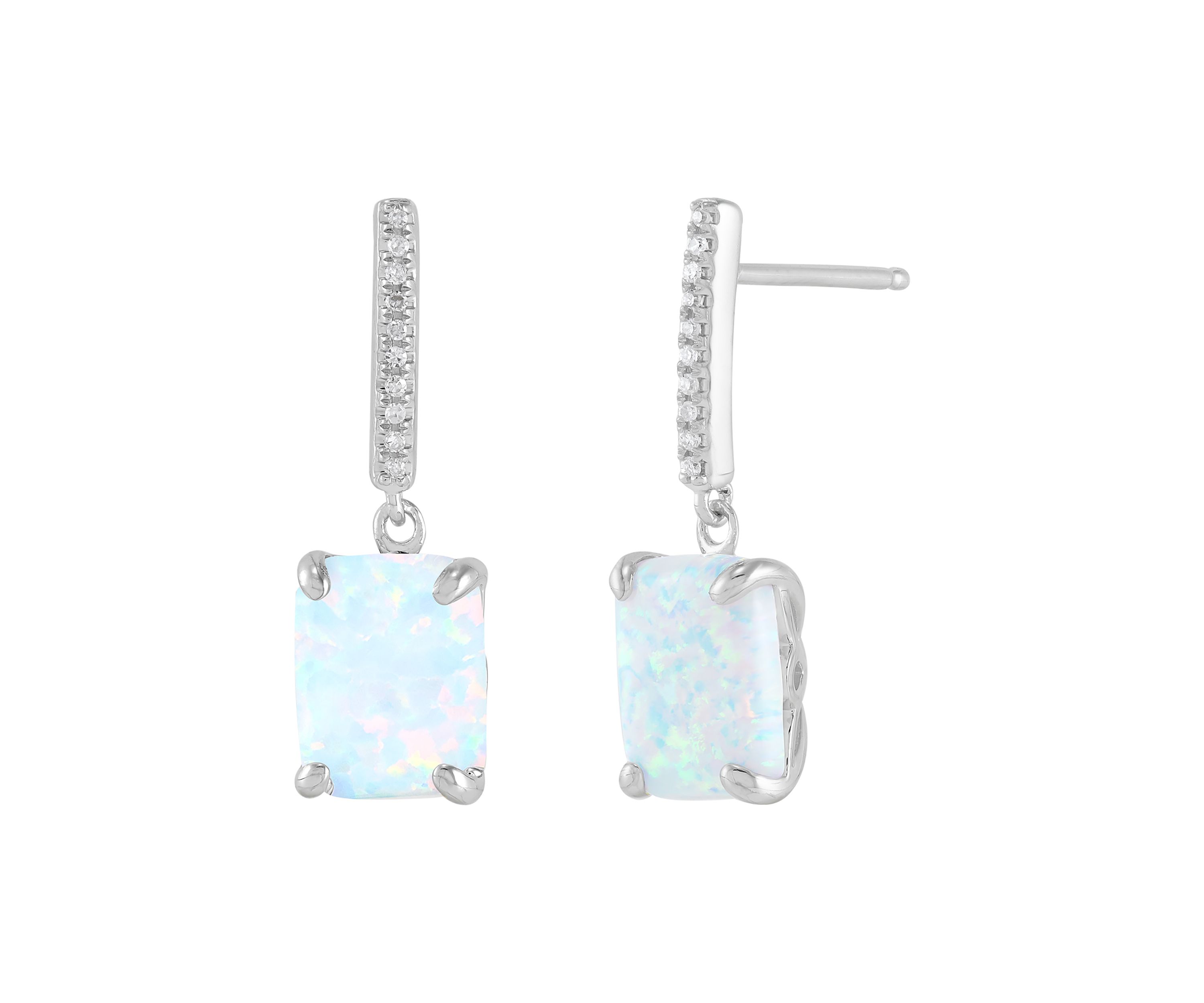 Lab Grown Emerald Cut Opal and 1/20 ct. t.w. Diamond Earrings in Sterling Silver