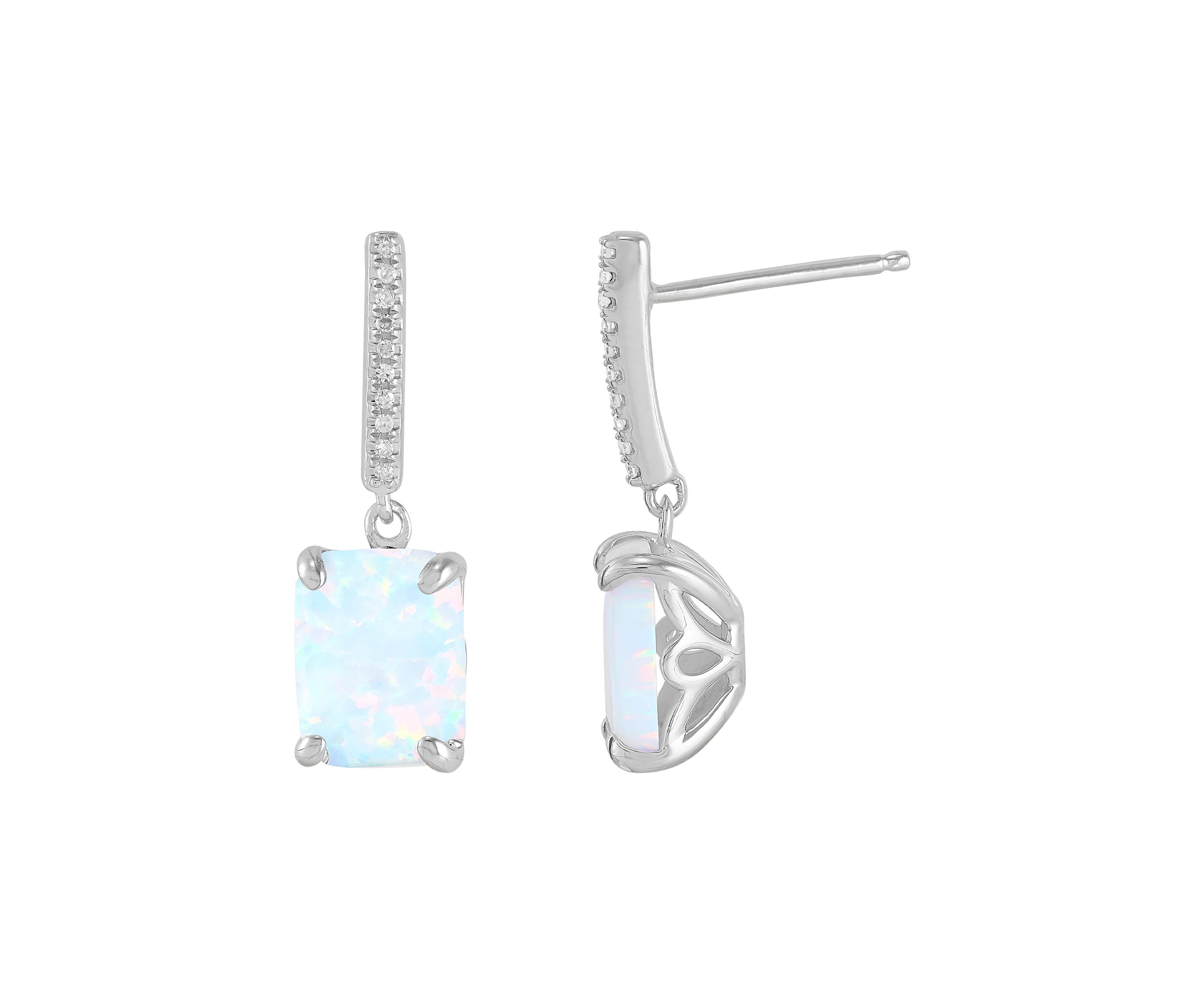 Lab Grown Emerald Cut Opal and 1/20 ct. t.w. Diamond Earrings in Sterling Silver