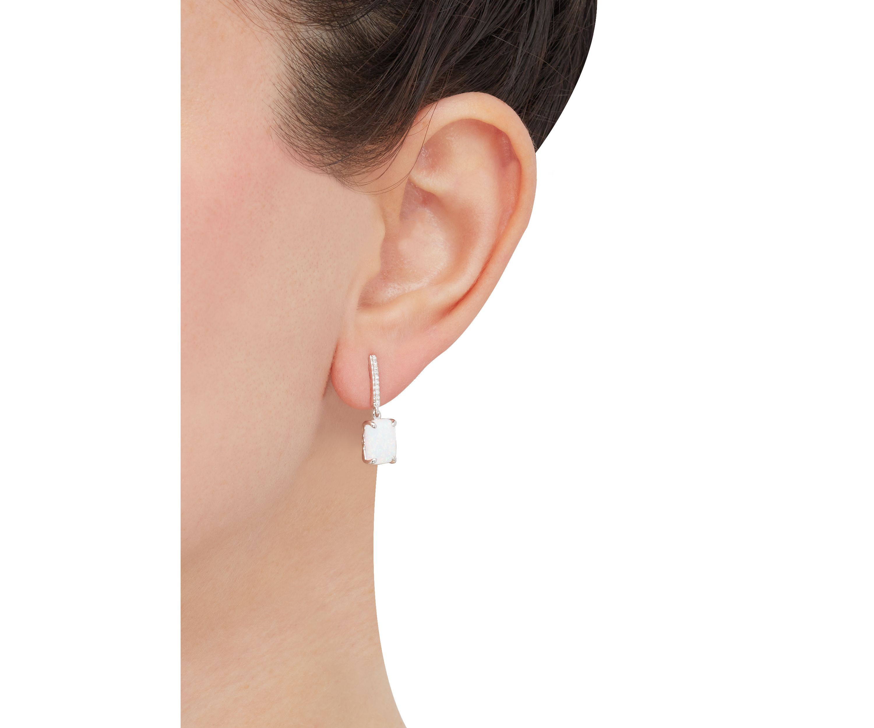 Lab Grown Emerald Cut Opal and 1/20 ct. t.w. Diamond Earrings in Sterling Silver