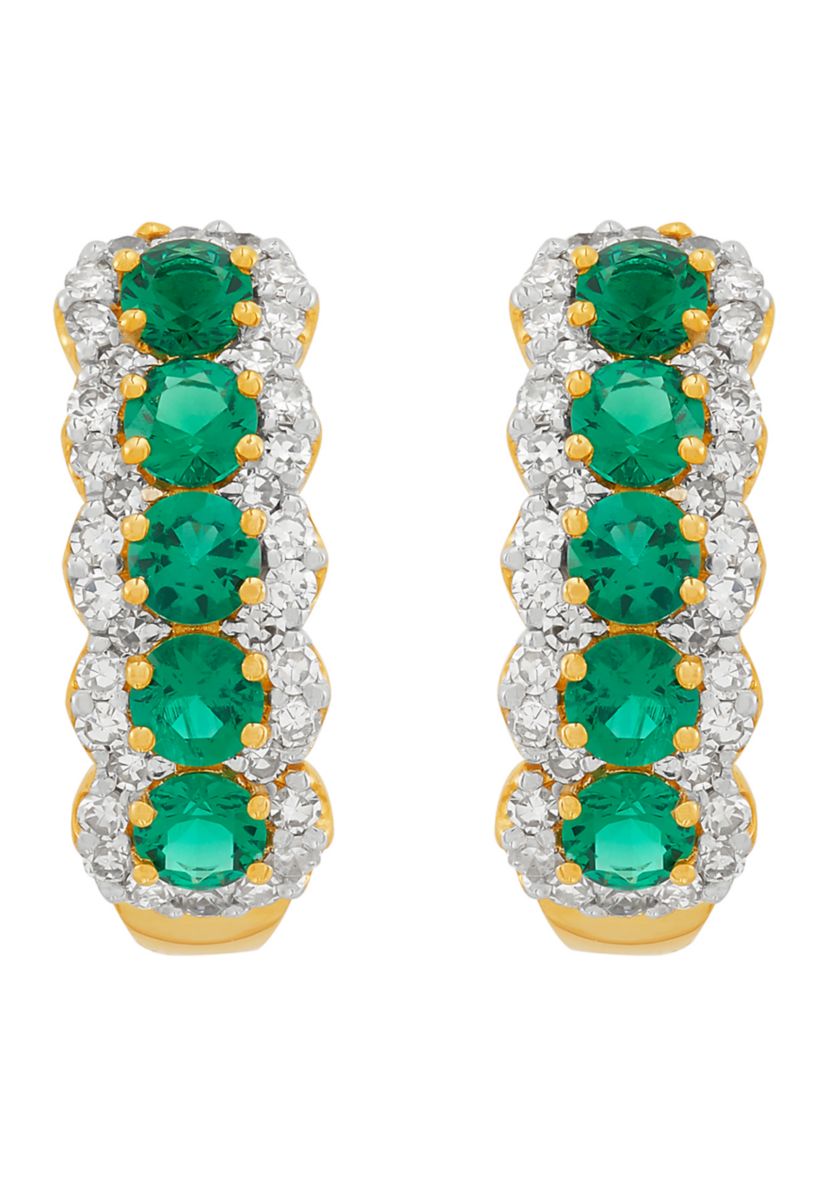 1/2 ct. t.w. Lab Grown Diamond and Lab Grown Emerald J Hoop Earrings in 10K Yellow Gold
