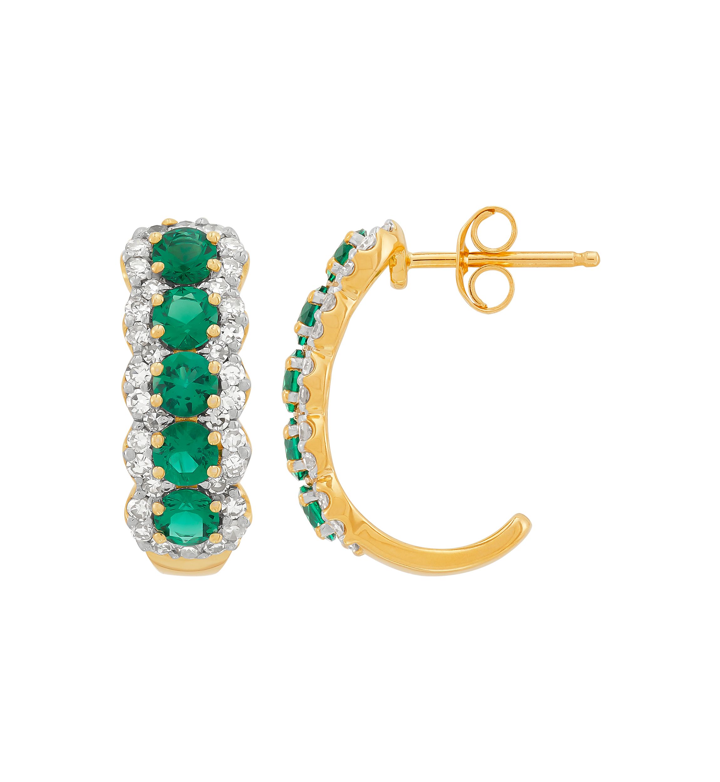 1/2 ct. t.w. Lab Grown Diamond and Lab Grown Emerald J Hoop Earrings in 10K Yellow Gold