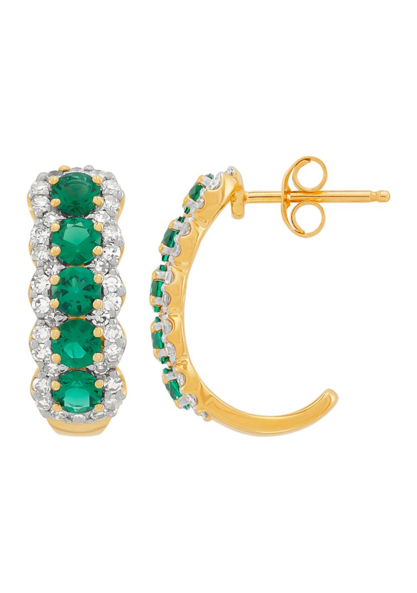 1/2 ct. t.w. Lab Grown Diamond and Lab Grown Emerald J Hoop Earrings in 10K Yellow Gold