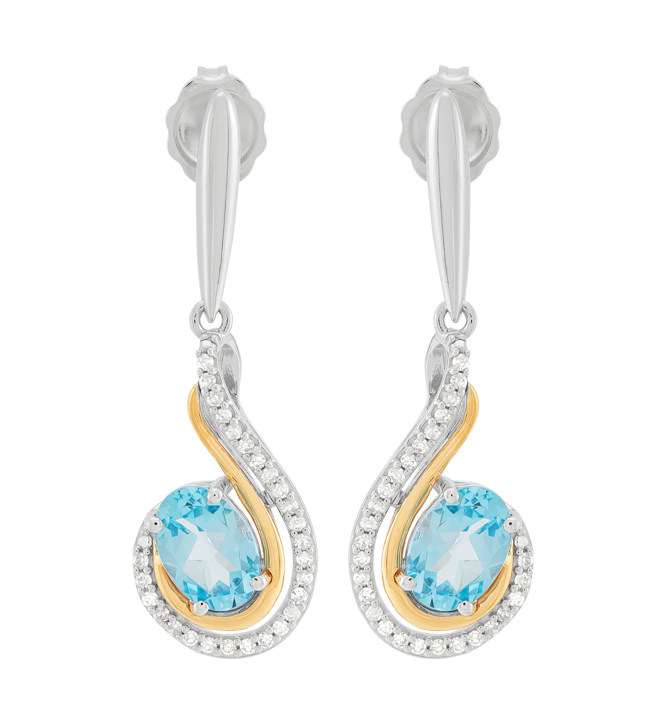 1/6 ct. t.w. Diamond and Swiss Blue Topaz Earrings in Sterling Silver and 10K Yellow Gold