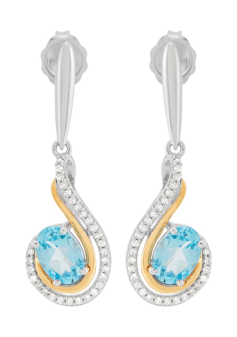 1/6 ct. t.w. Diamond and Swiss Blue Topaz Earrings in Sterling Silver and 10K Yellow Gold