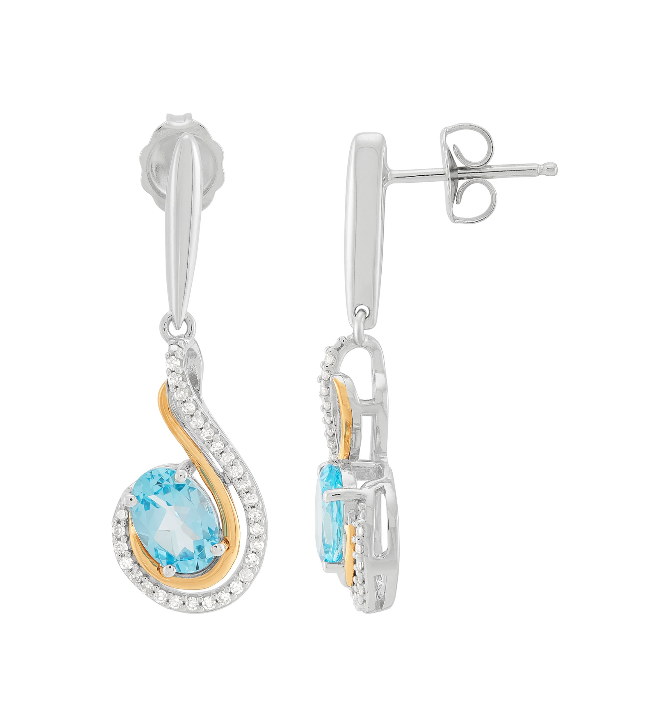 1/6 ct. t.w. Diamond and Swiss Blue Topaz Earrings in Sterling Silver and 10K Yellow Gold