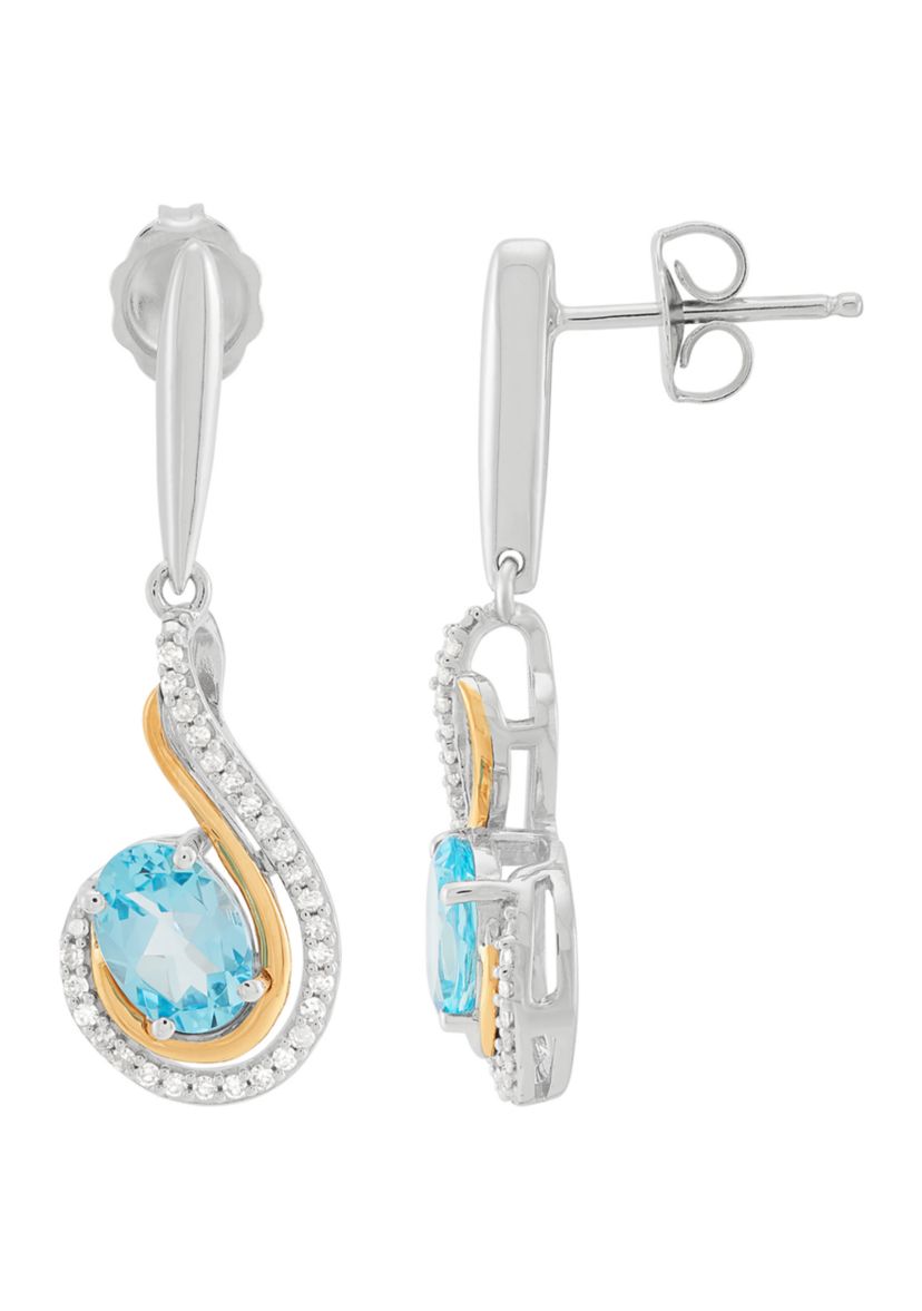 1/6 ct. t.w. Diamond and Swiss Blue Topaz Earrings in Sterling Silver and 10K Yellow Gold