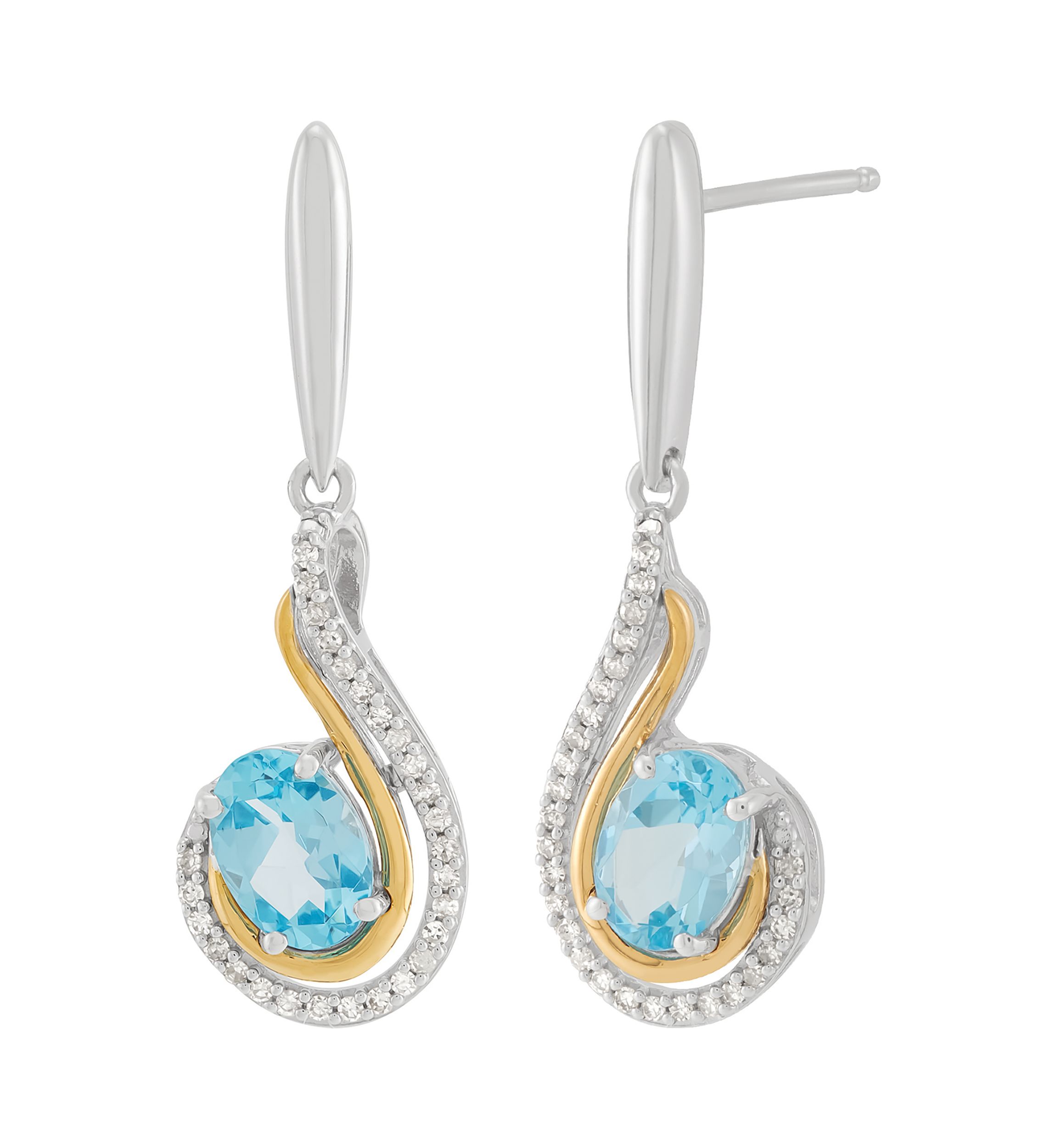 1/6 ct. t.w. Diamond and Swiss Blue Topaz Earrings in Sterling Silver and 10K Yellow Gold