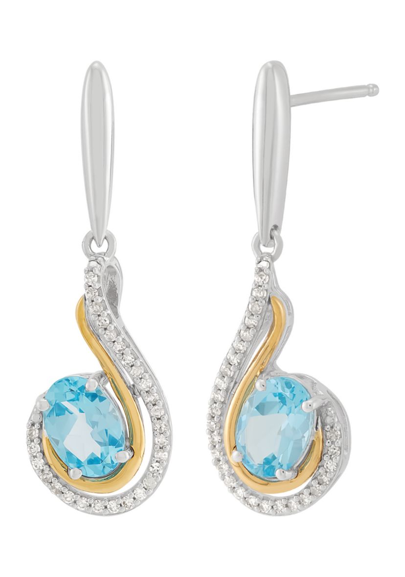 1/6 ct. t.w. Diamond and Swiss Blue Topaz Earrings in Sterling Silver and 10K Yellow Gold