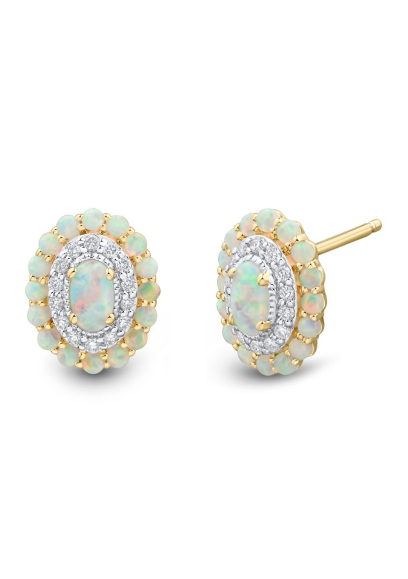1/6 ct. t.w. Lab Grown Opal and Diamond Stud Earrings in Gold Over Sterling Silver