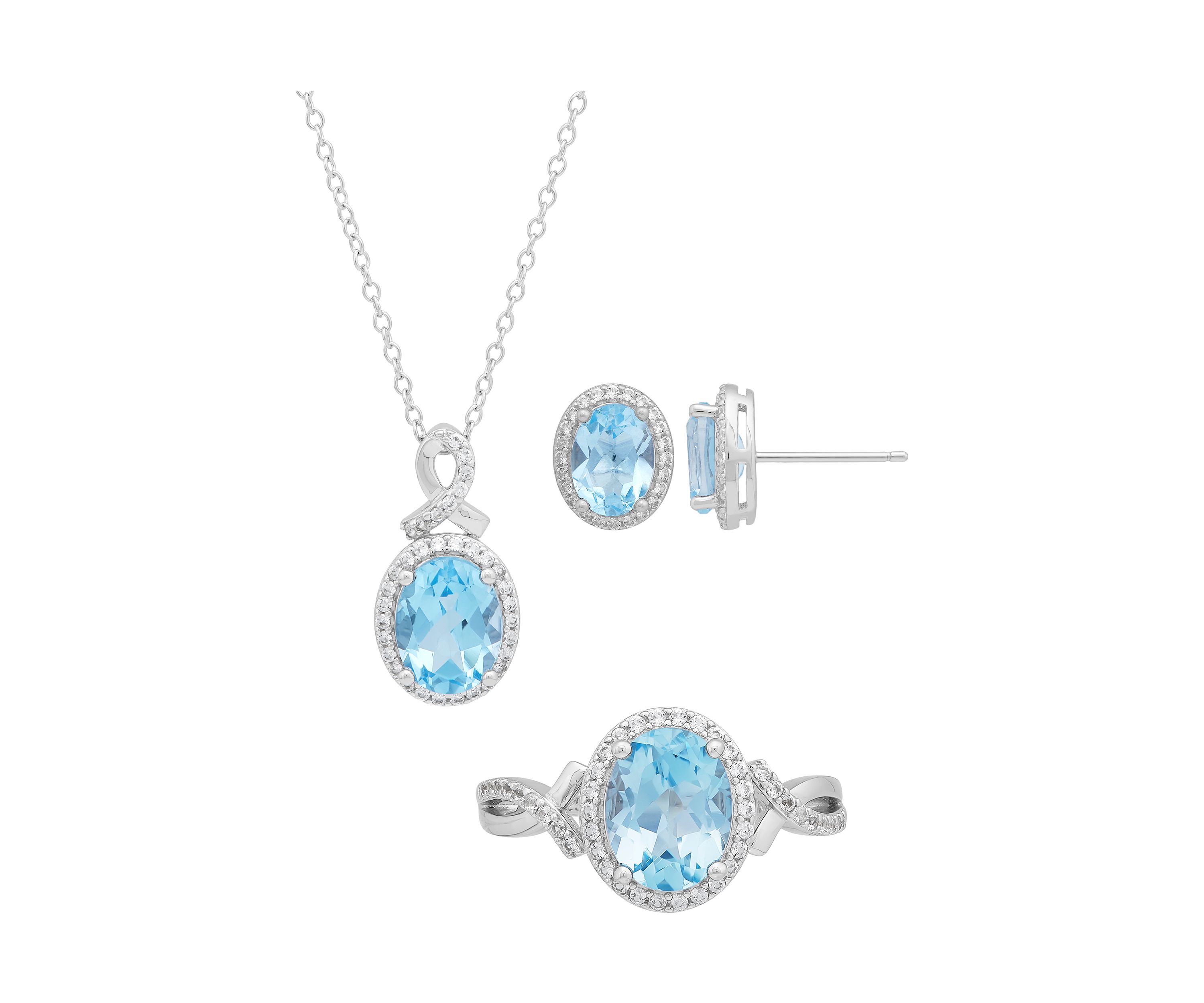 Sky Blue Topaz and Created White Sapphire Earrings/Necklace/Ring Set in Sterling Silver