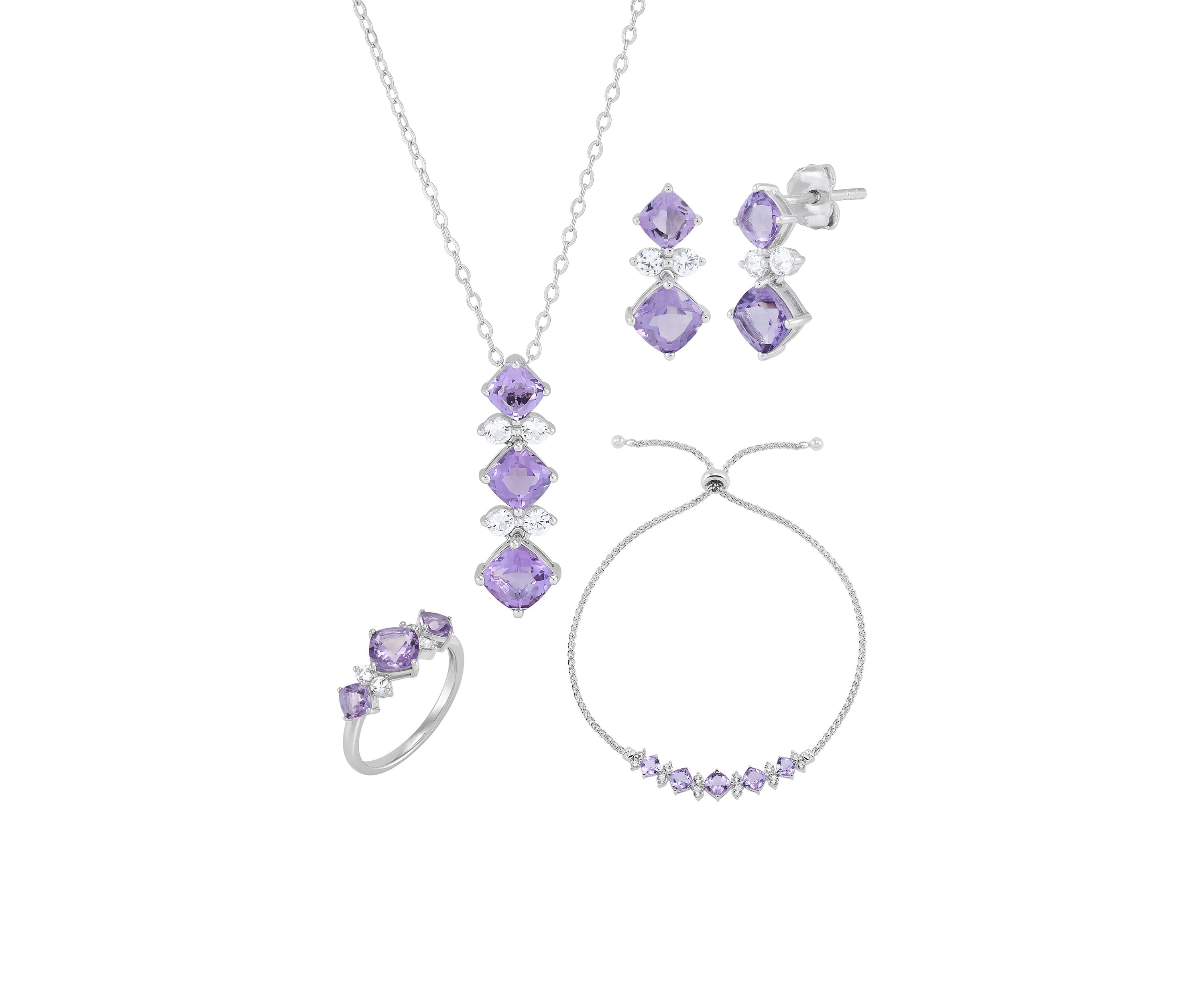 Amethyst and White Sapphire Pendant with 18" Cable Chain and Earrings and Bracelet and Ring Set in Sterling Silver