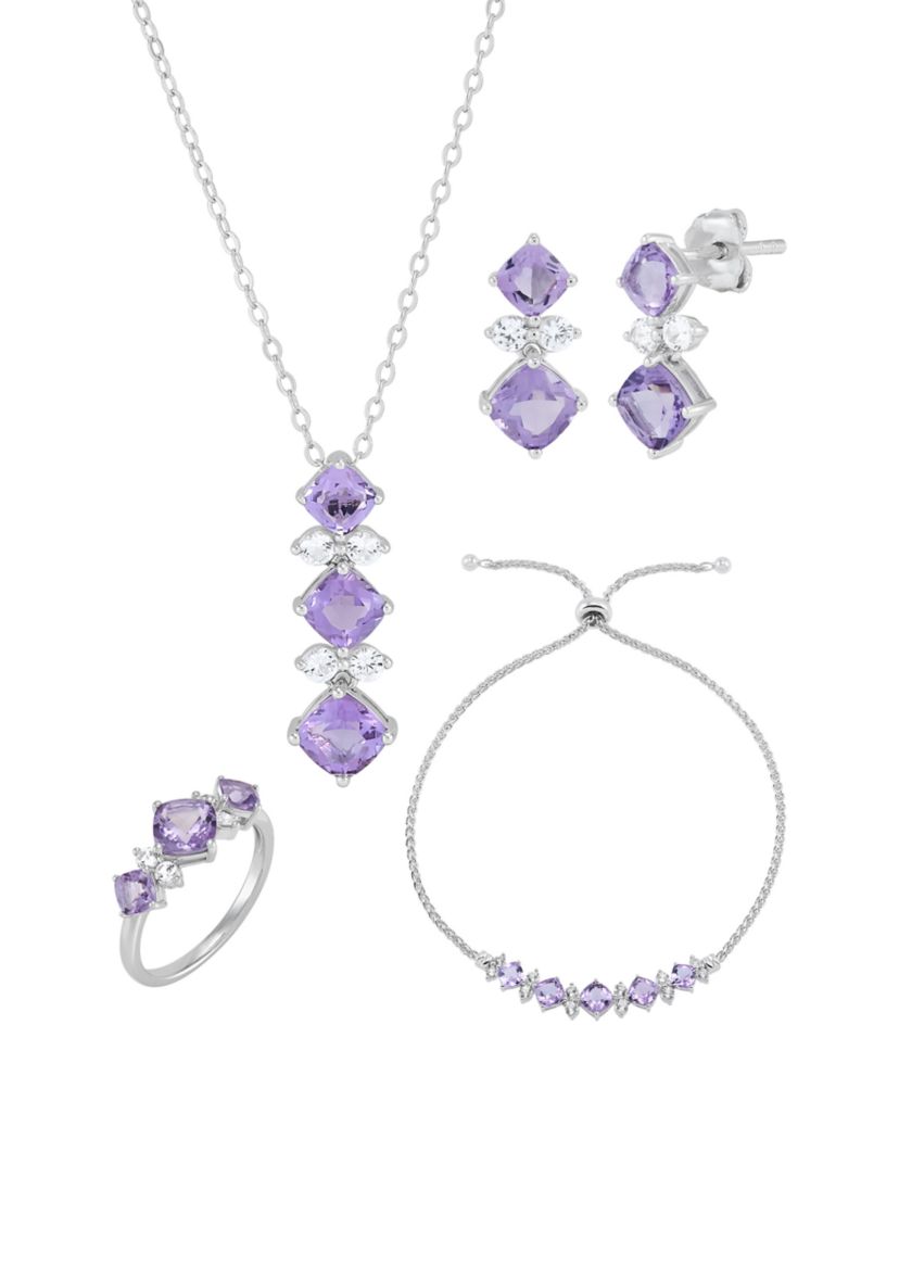 Amethyst and White Sapphire Pendant with 18" Cable Chain and Earrings and Bracelet and Ring Set in Sterling Silver