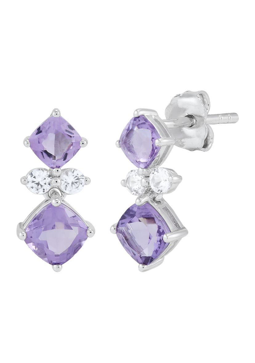 Amethyst and White Sapphire Pendant with 18" Cable Chain and Earrings and Bracelet and Ring Set in Sterling Silver