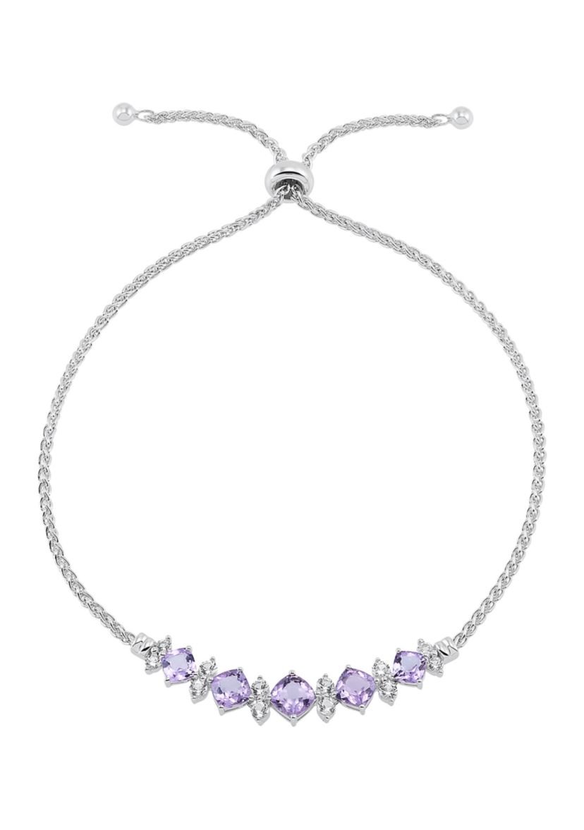 Amethyst and White Sapphire Pendant with 18" Cable Chain and Earrings and Bracelet and Ring Set in Sterling Silver