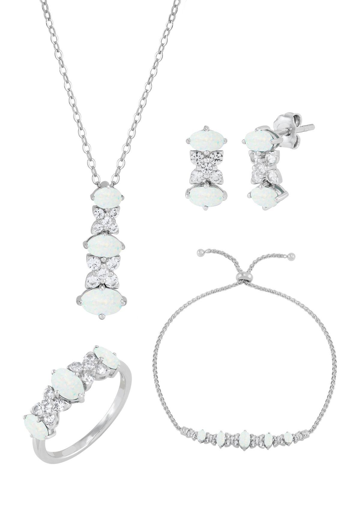 Lab Grown Opal and White Sapphire Pendant Necklace, Earrings, Bracelet and Ring Set in Sterling Silver