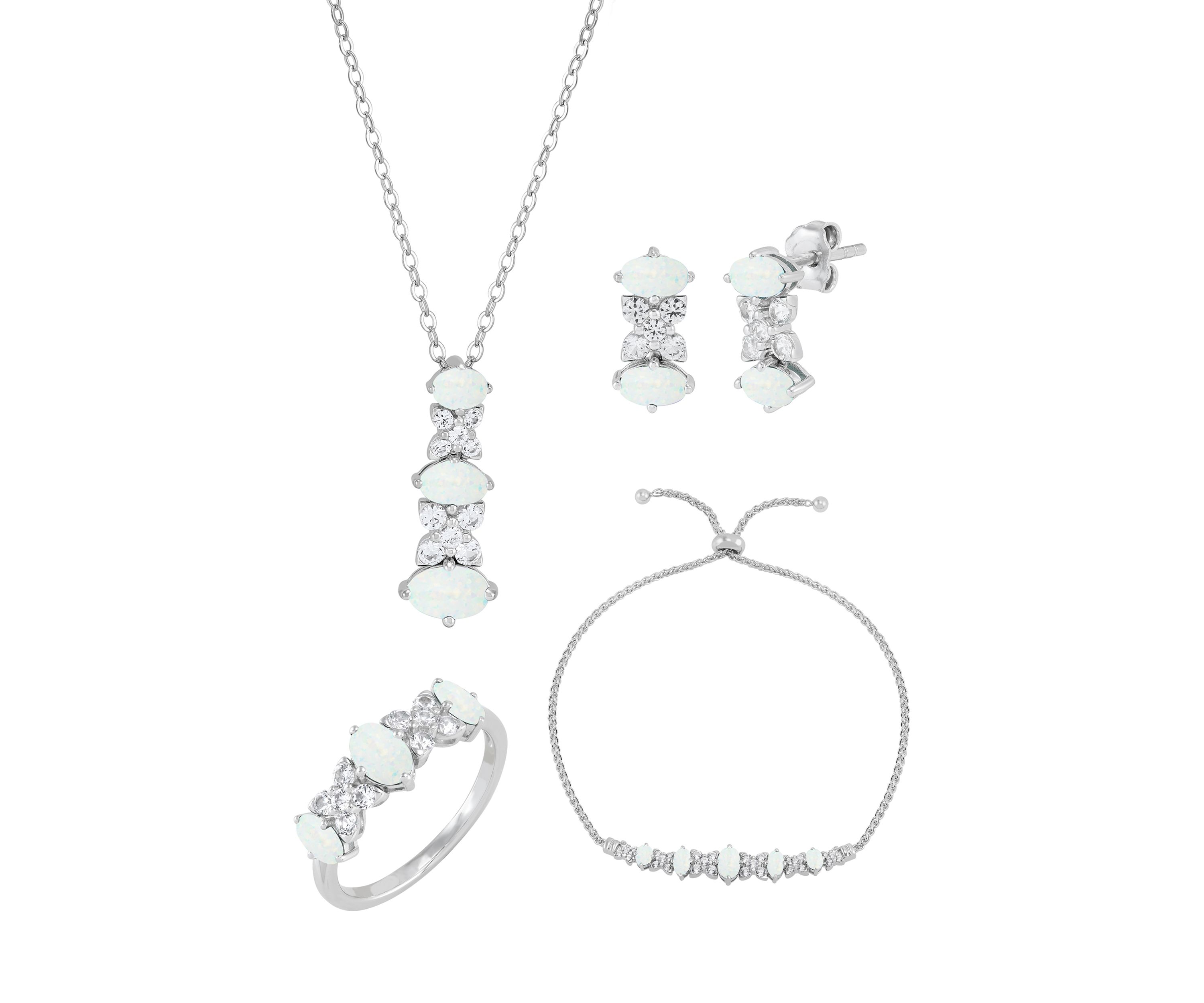 Lab Grown Opal and White Sapphire Pendant Necklace, Earrings, Bracelet and Ring Set in Sterling Silver