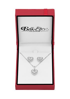 Belk & Co Lab-Grown White Sapphire Heart Earrings and Necklace in Sterling Silver