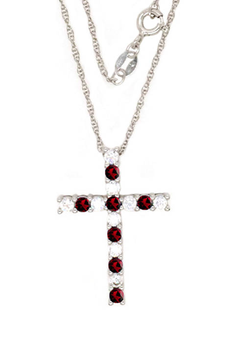 Garnet Cross Pendant Necklace in Sterling Silver