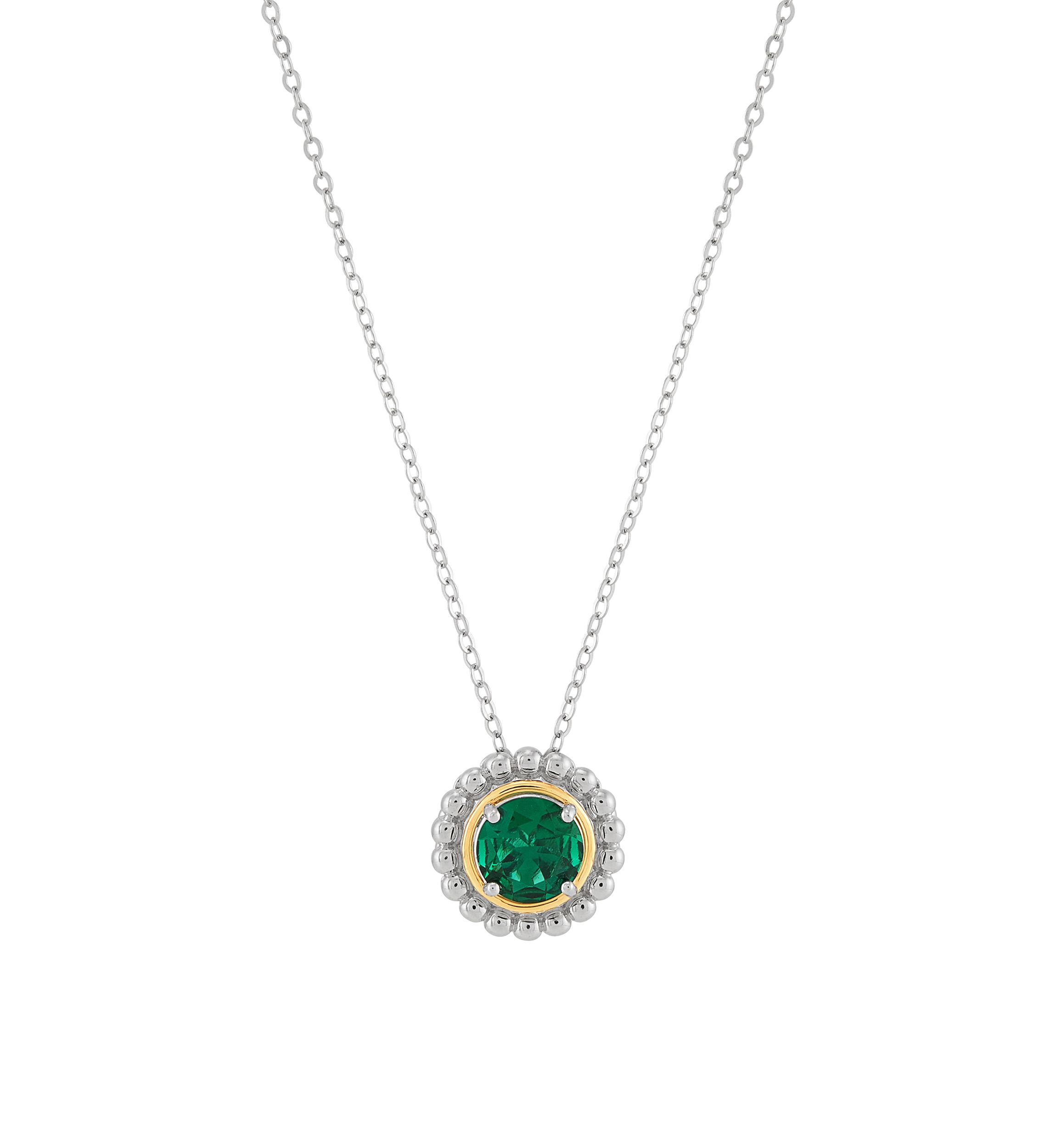 Lab Grown Emerald Pendant with 18" Cable Chain in Silver and 14K Yellow Gold