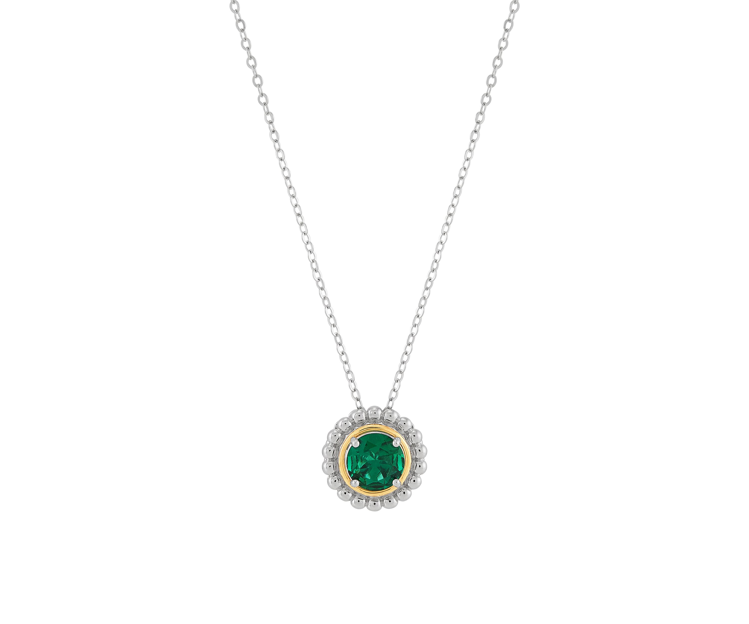 Lab Grown Emerald Pendant with 18" Cable Chain in Silver and 14K Yellow Gold