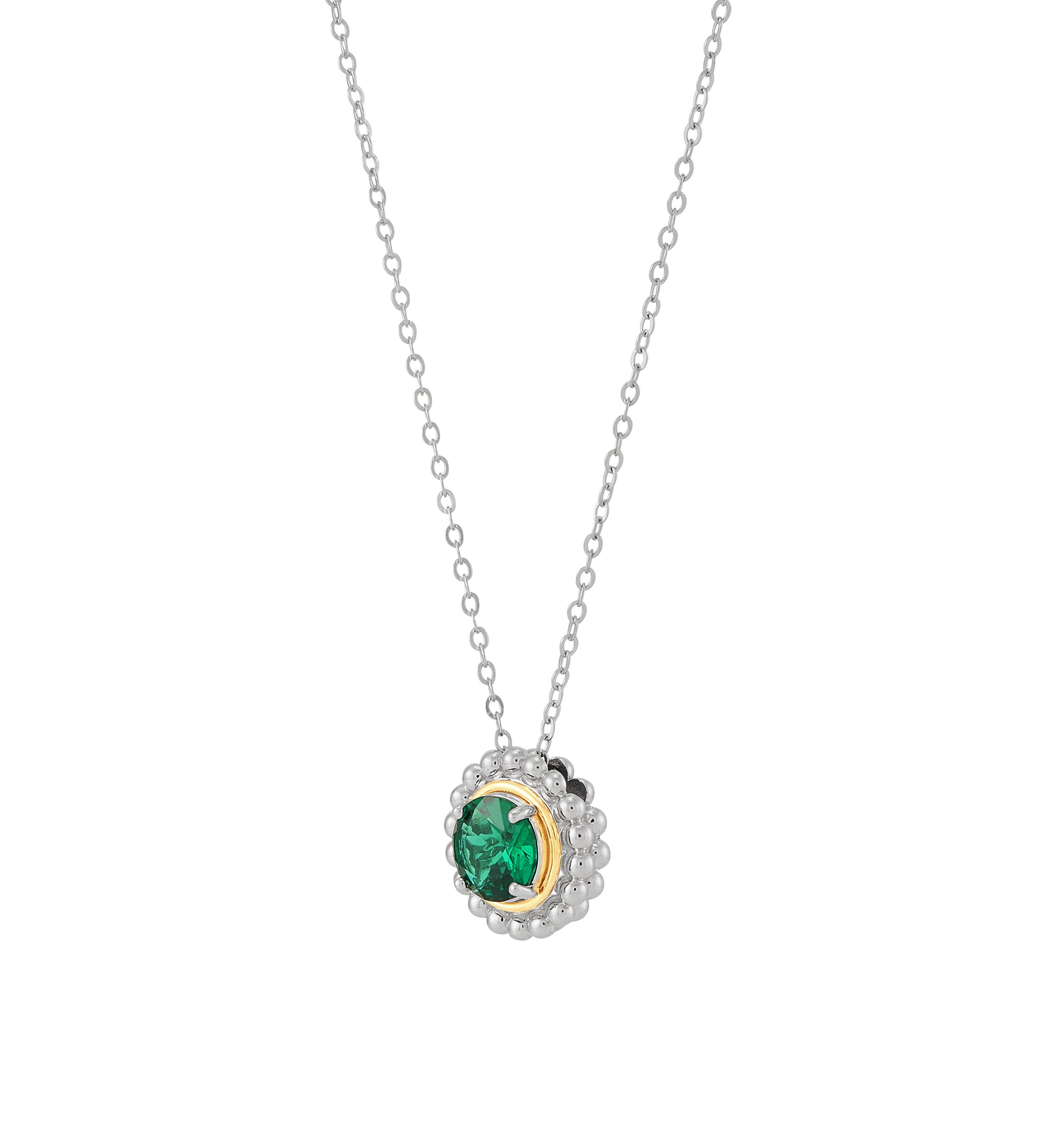 Lab Grown Emerald Pendant with 18" Cable Chain in Silver and 14K Yellow Gold
