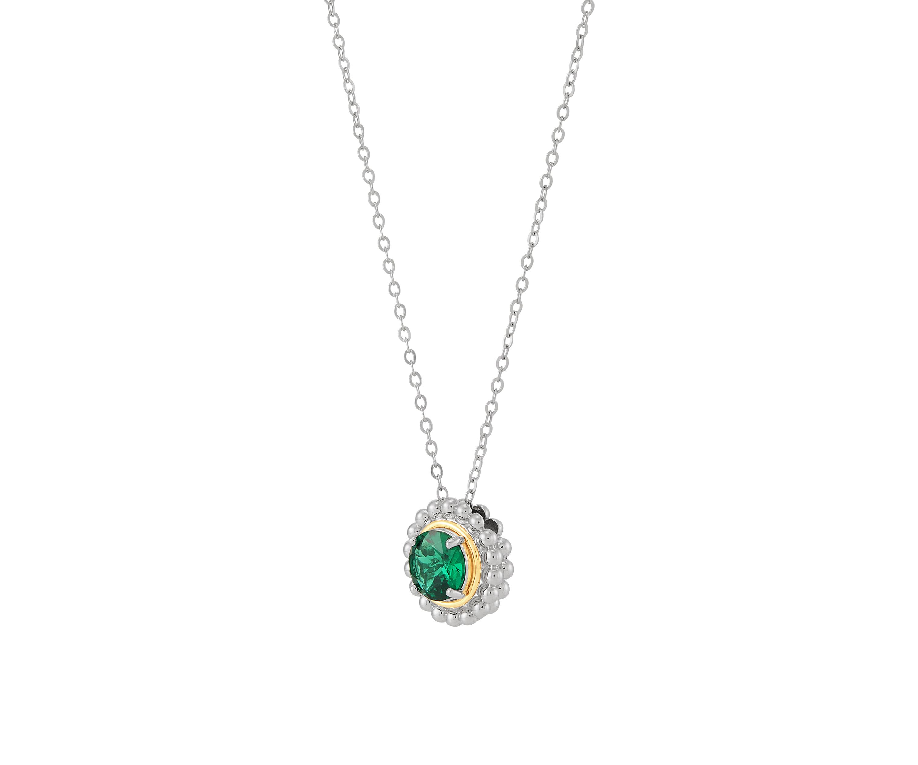 Lab Grown Emerald Pendant with 18" Cable Chain in Silver and 14K Yellow Gold