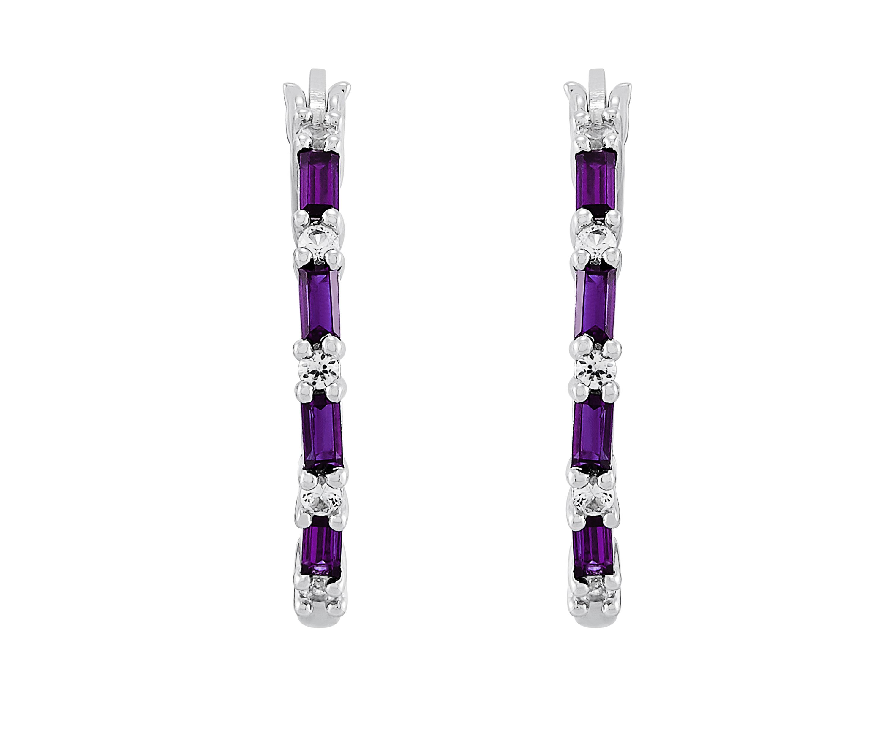 Lab Created White Sapphire and Amethyst Hoop Earrings in Sterling Silver 