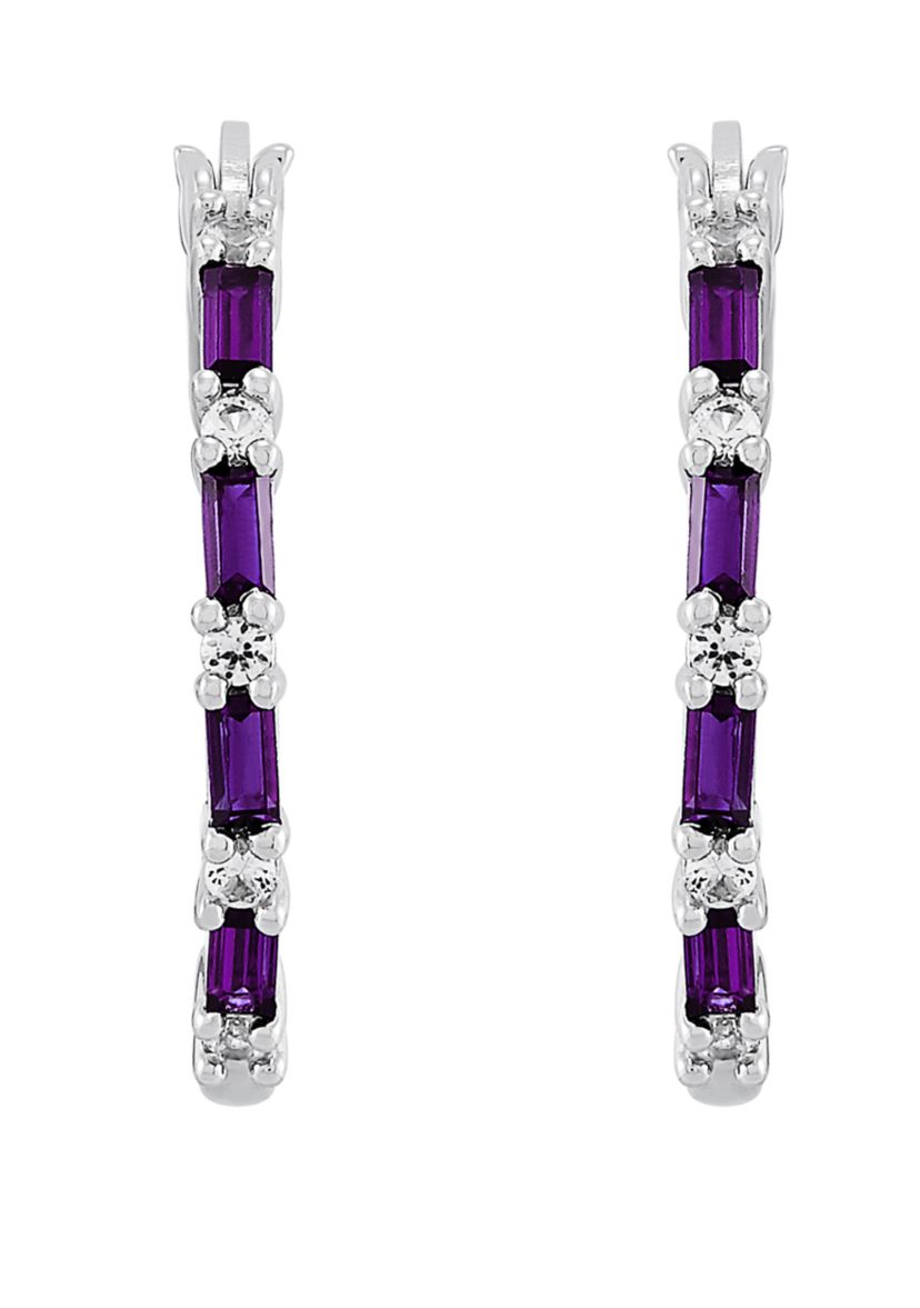 Lab Created White Sapphire and Amethyst Hoop Earrings in Sterling Silver 