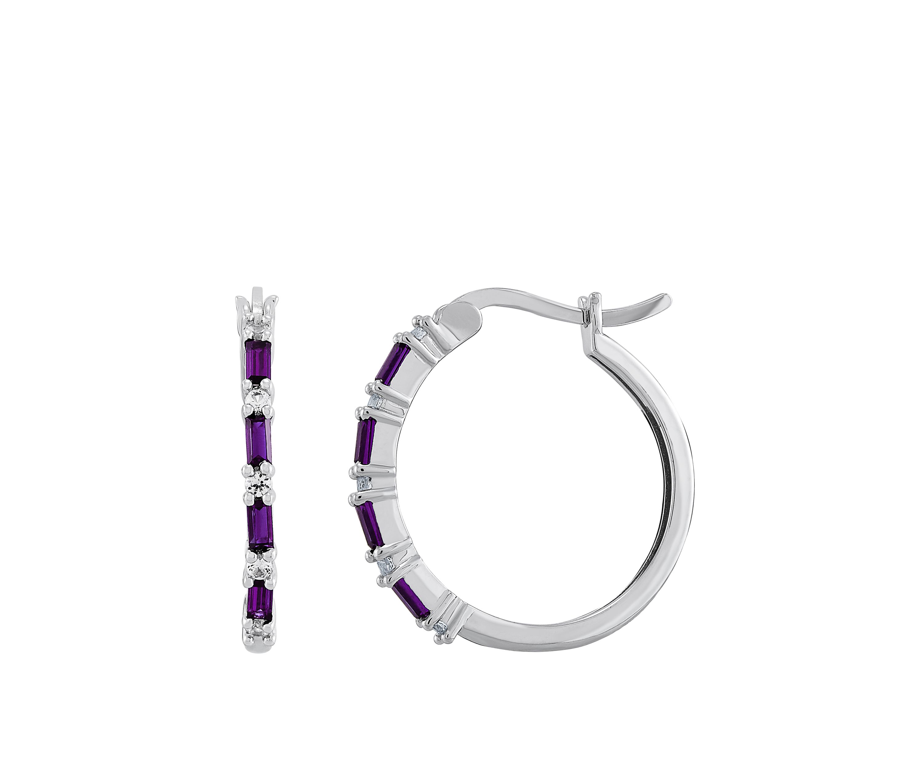 Lab Created White Sapphire and Amethyst Hoop Earrings in Sterling Silver 