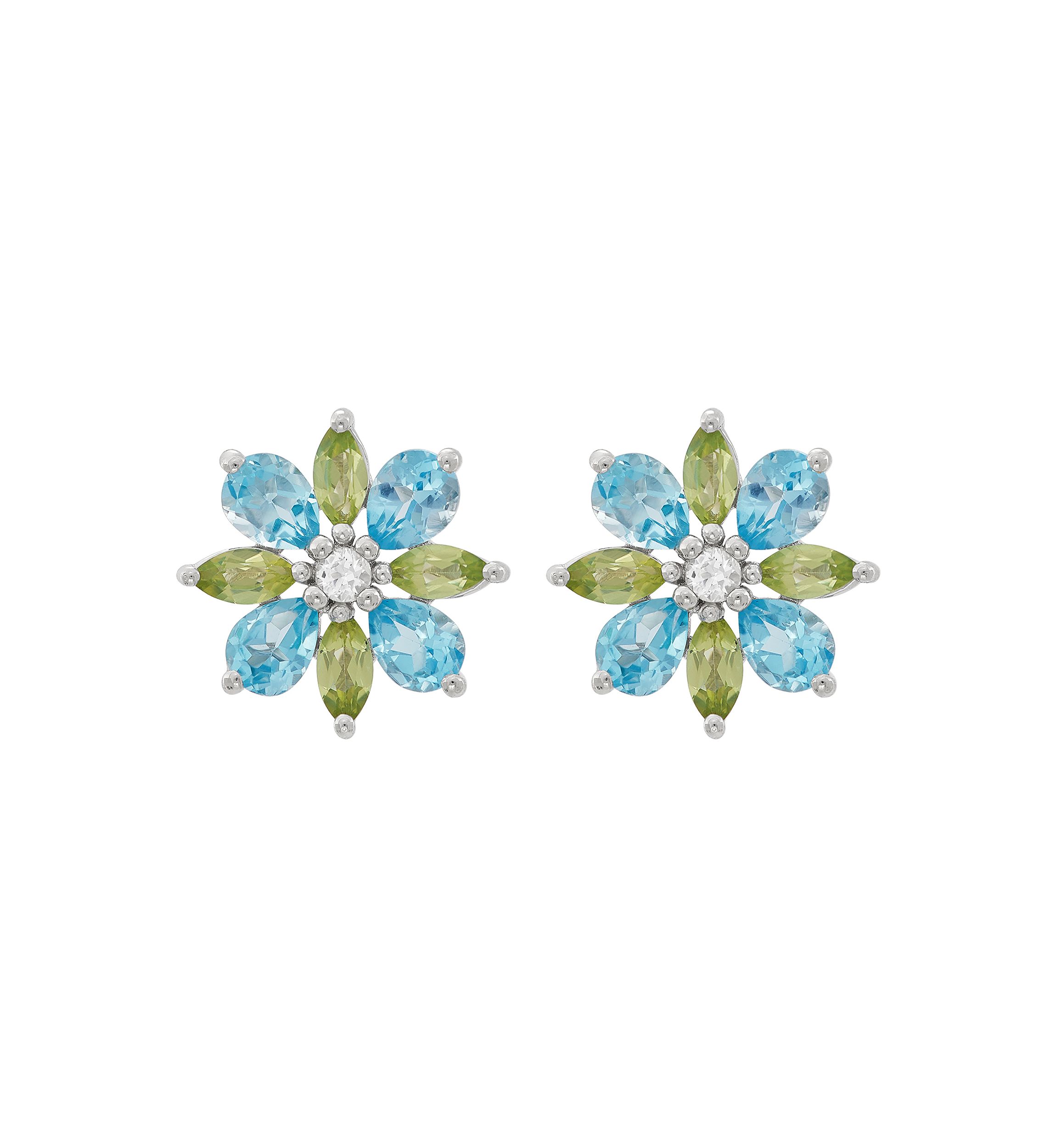 Swiss Blue Topaz, Peridot, and White Topaz Flower Earrings in Sterling Silver