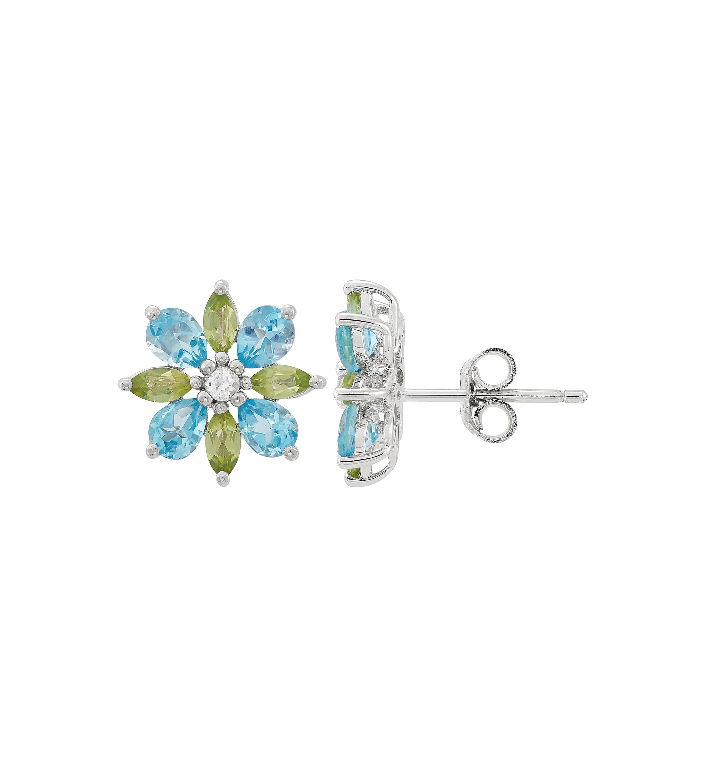 Swiss Blue Topaz, Peridot, and White Topaz Flower Earrings in Sterling Silver
