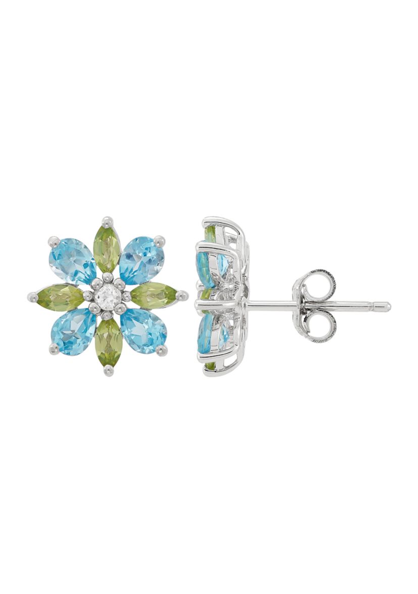 Swiss Blue Topaz, Peridot, and White Topaz Flower Earrings in Sterling Silver
