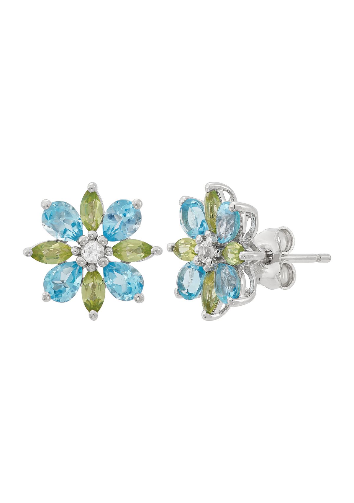 Swiss Blue Topaz, Peridot, and White Topaz Flower Earrings in Sterling Silver