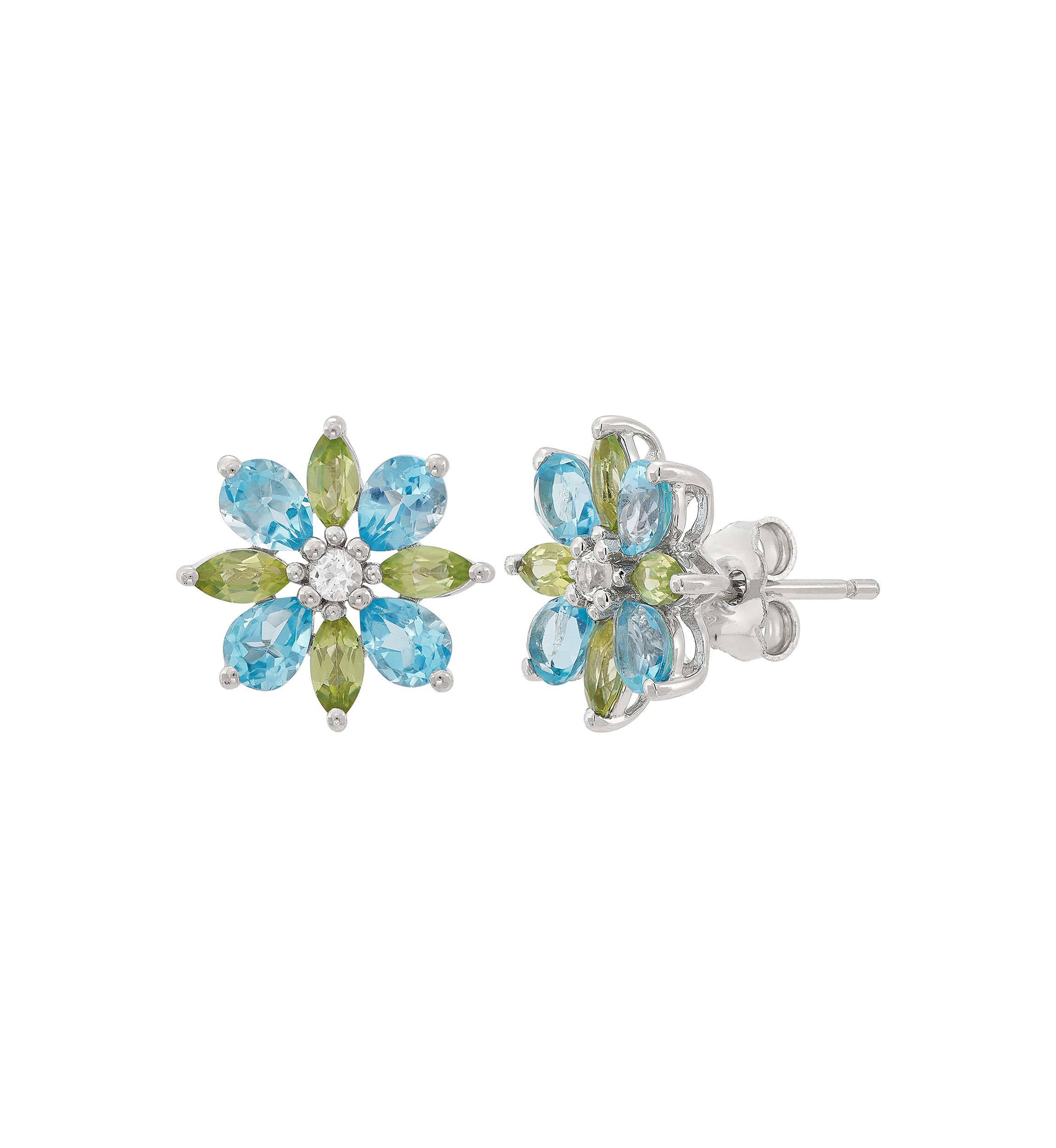 Swiss Blue Topaz, Peridot, and White Topaz Flower Earrings in Sterling Silver