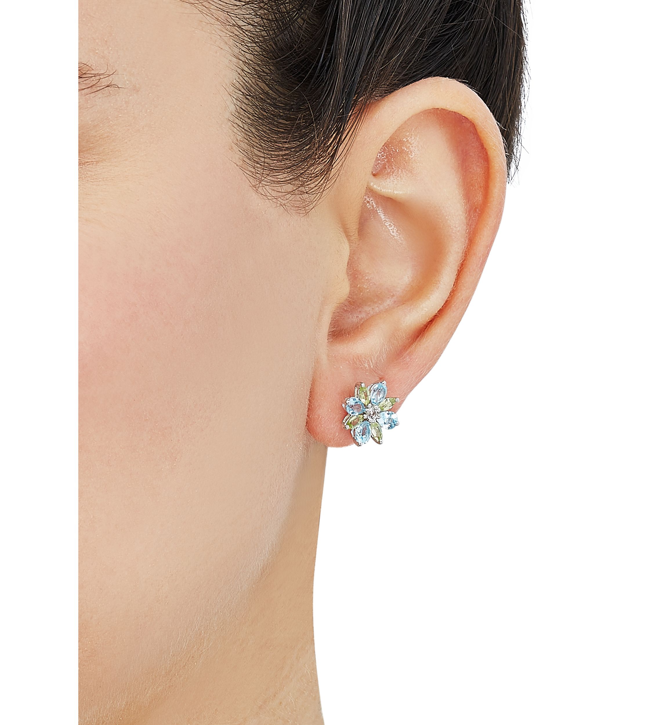 Swiss Blue Topaz, Peridot, and White Topaz Flower Earrings in Sterling Silver