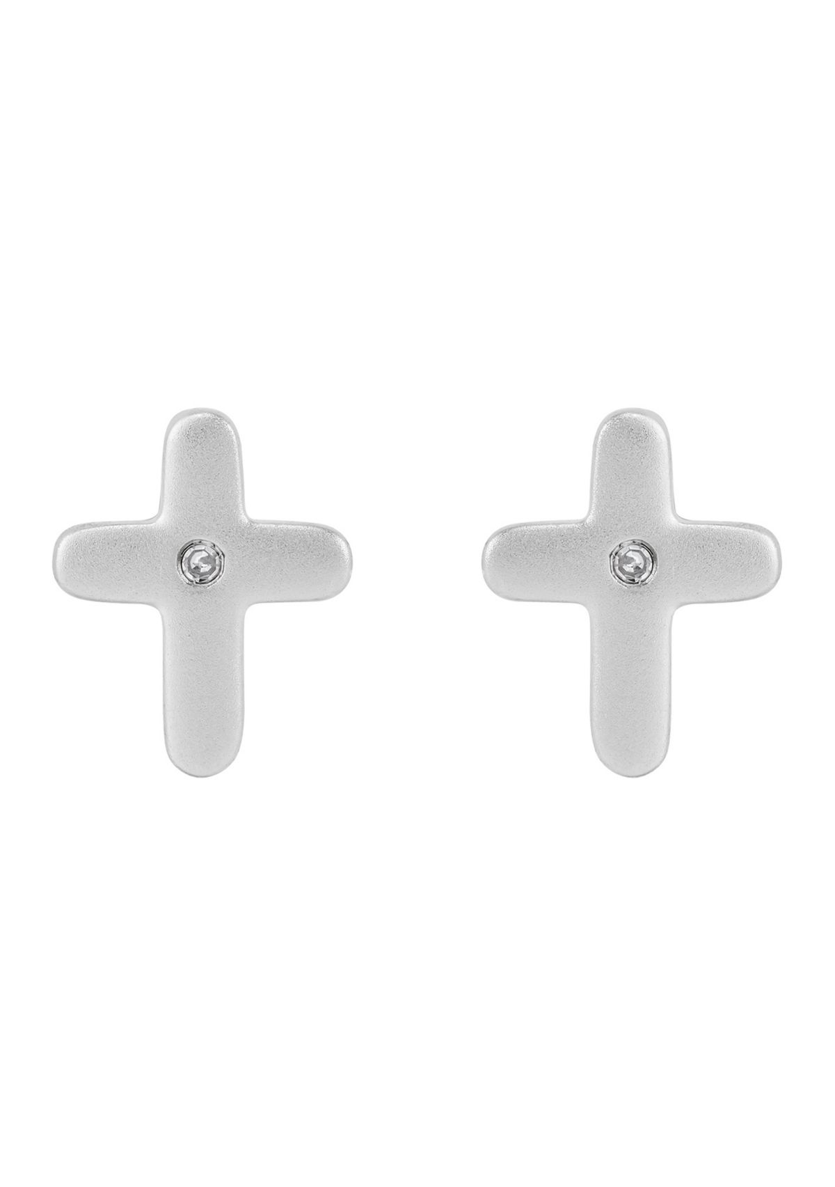 Diamond Accent Small Cross Kid Stud Earrings in Sterling Silver