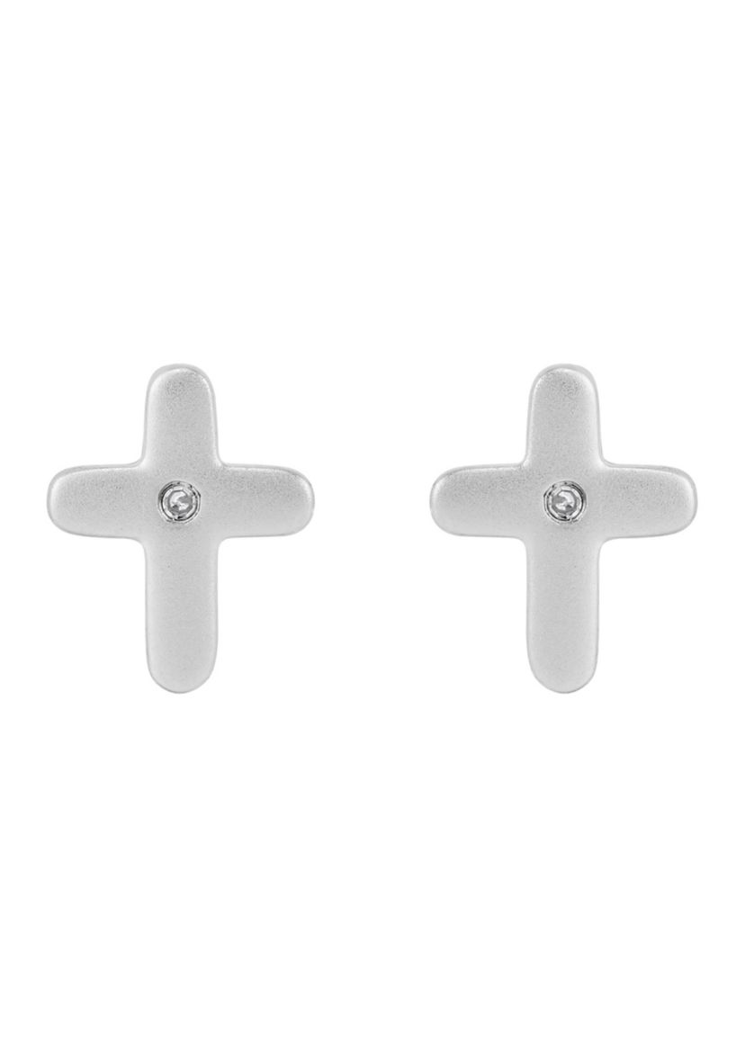 Diamond Accent Small Cross Kid Stud Earrings in Sterling Silver