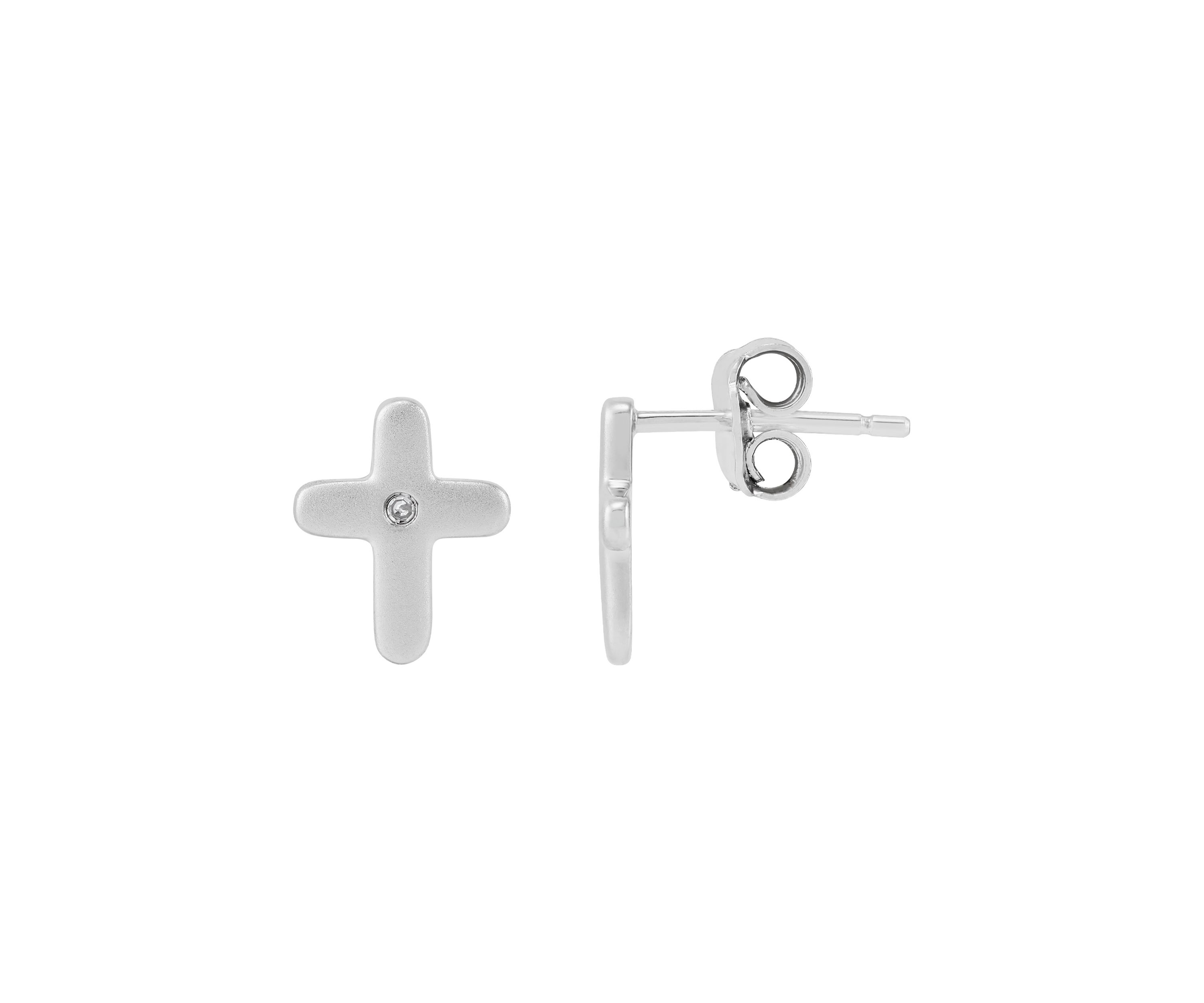 Diamond Accent Small Cross Kid Stud Earrings in Sterling Silver