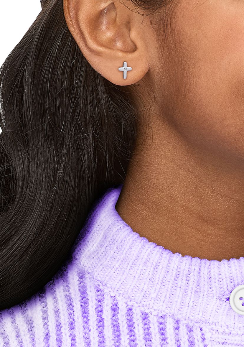 Diamond Accent Small Cross Kid Stud Earrings in Sterling Silver